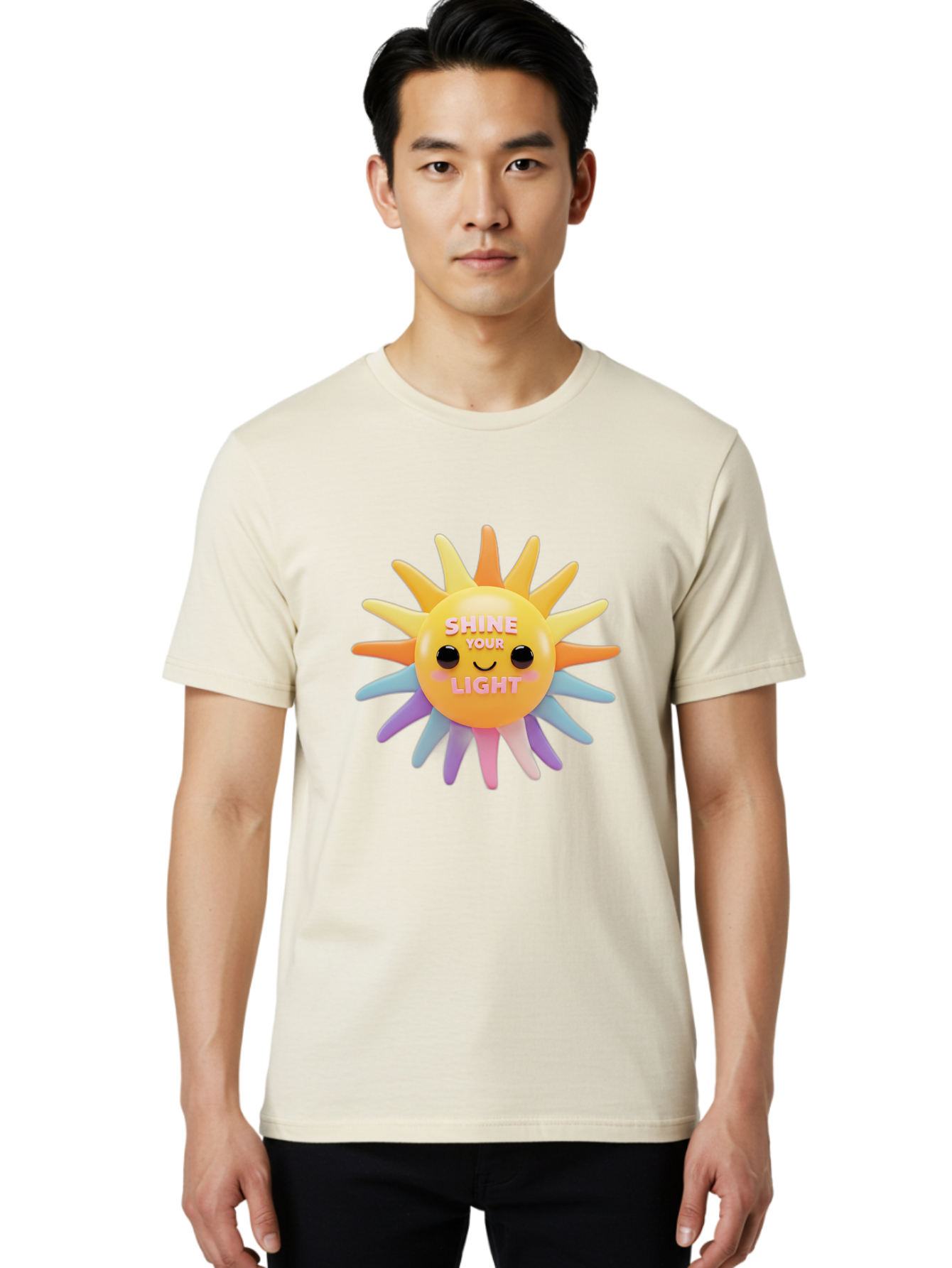 Shine-Your-Light Men'S Graphic Tee, 100% Cotton, Comfortable Casual Summer Wear, Machine Washable, Smiling Sun, Inspirational Quote, Multicolored Rays, Pink Text, Motivational Message, Happy Face, Pastel Colors, Positive Vibes Bae275