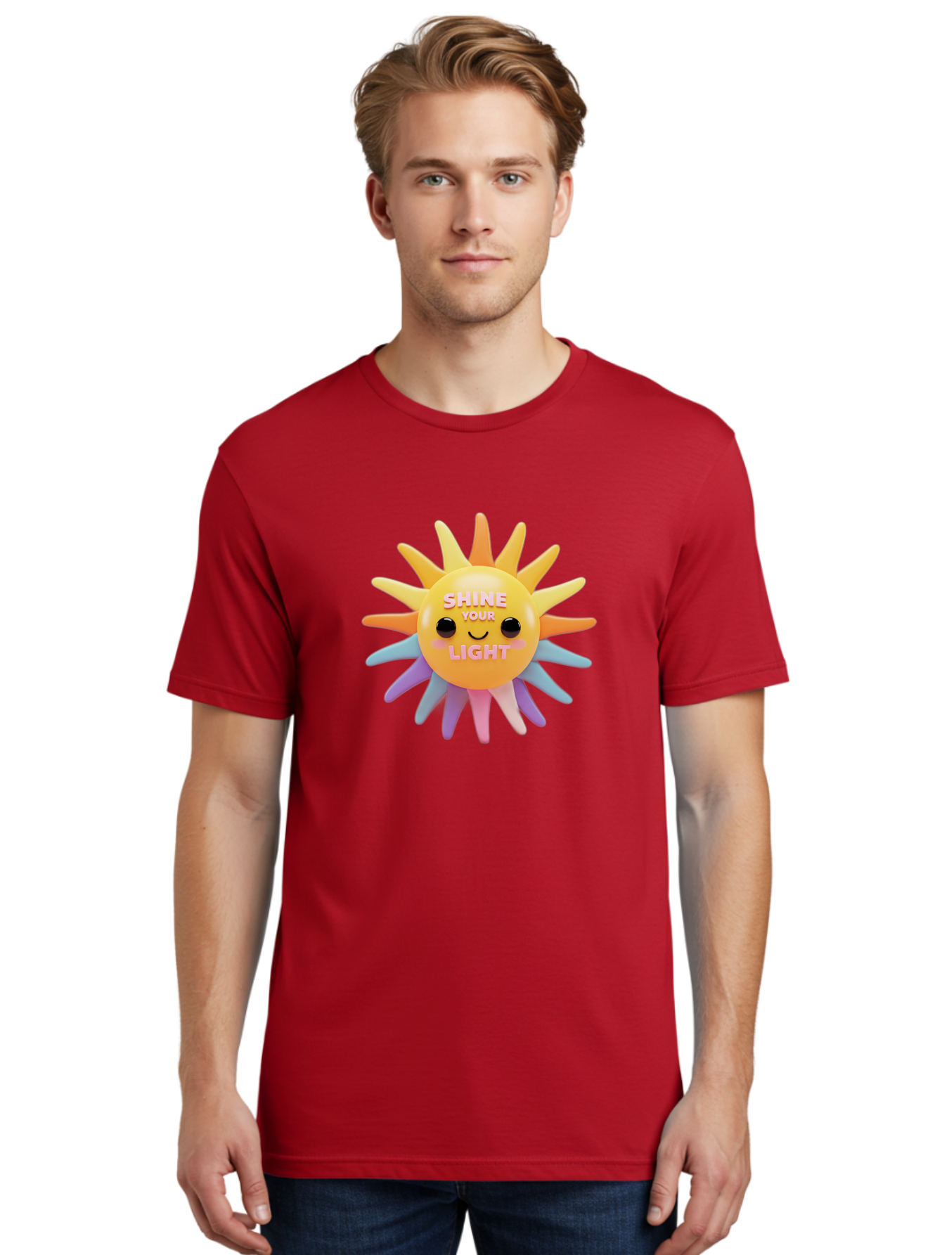 Shine-Your-Light Men'S Graphic Tee, 100% Cotton, Comfortable Casual Summer Wear, Machine Washable, Smiling Sun, Inspirational Quote, Multicolored Rays, Pink Text, Motivational Message, Happy Face, Pastel Colors, Positive Vibes Bae275