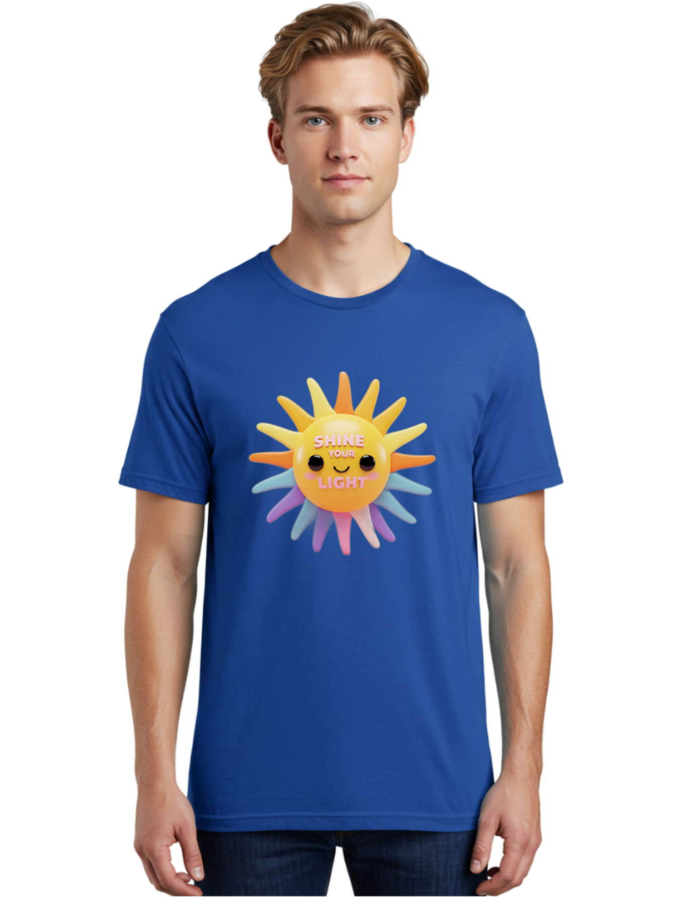 Shine-Your-Light Men'S Graphic Tee, 100% Cotton, Comfortable Casual Summer Wear, Machine Washable, Smiling Sun, Inspirational Quote, Multicolored Rays, Pink Text, Motivational Message, Happy Face, Pastel Colors, Positive Vibes Bae275