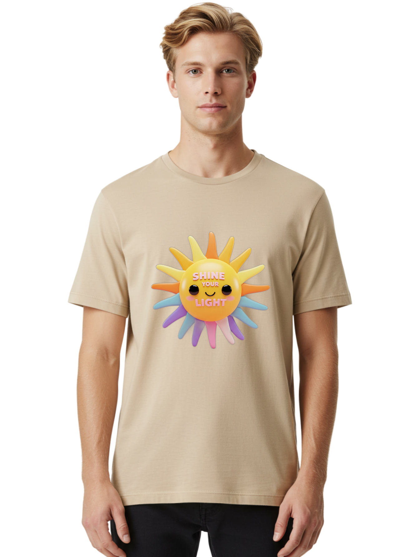 Shine-Your-Light Men'S Graphic Tee, 100% Cotton, Comfortable Casual Summer Wear, Machine Washable, Smiling Sun, Inspirational Quote, Multicolored Rays, Pink Text, Motivational Message, Happy Face, Pastel Colors, Positive Vibes Bae275