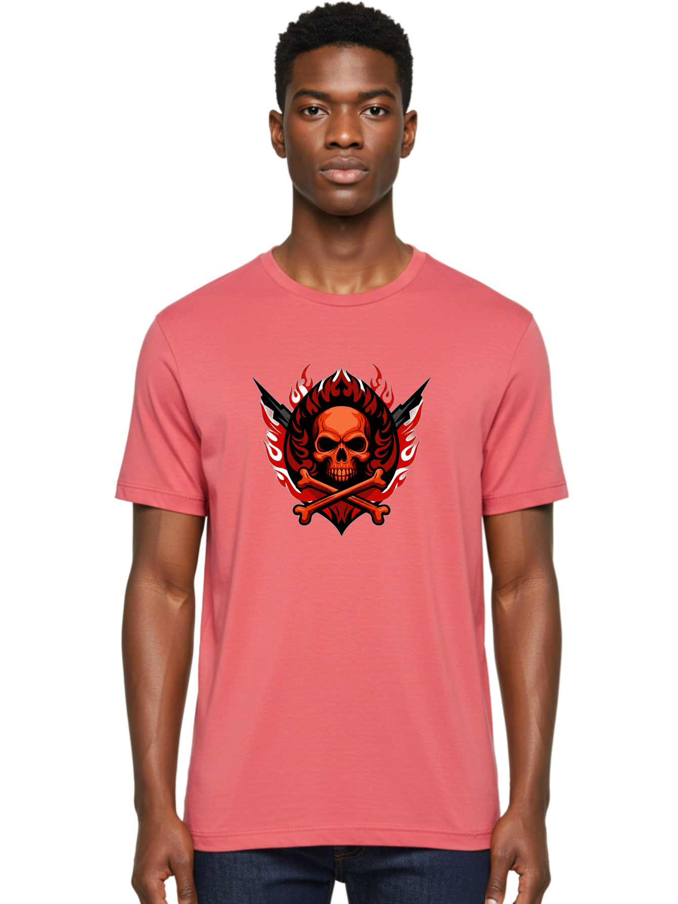 Skull-And-Crossbones-Jolly-Roger Men'S Graphic Tee, 100% Cotton, Comfortable Casual Summer Wear, Machine Washable, Skull And Crossbones, Fiery Design, Daggers, Skull Art, Crossbones Symbol, Bold Graphics, Edgy Style, Gothic Elements Bae277