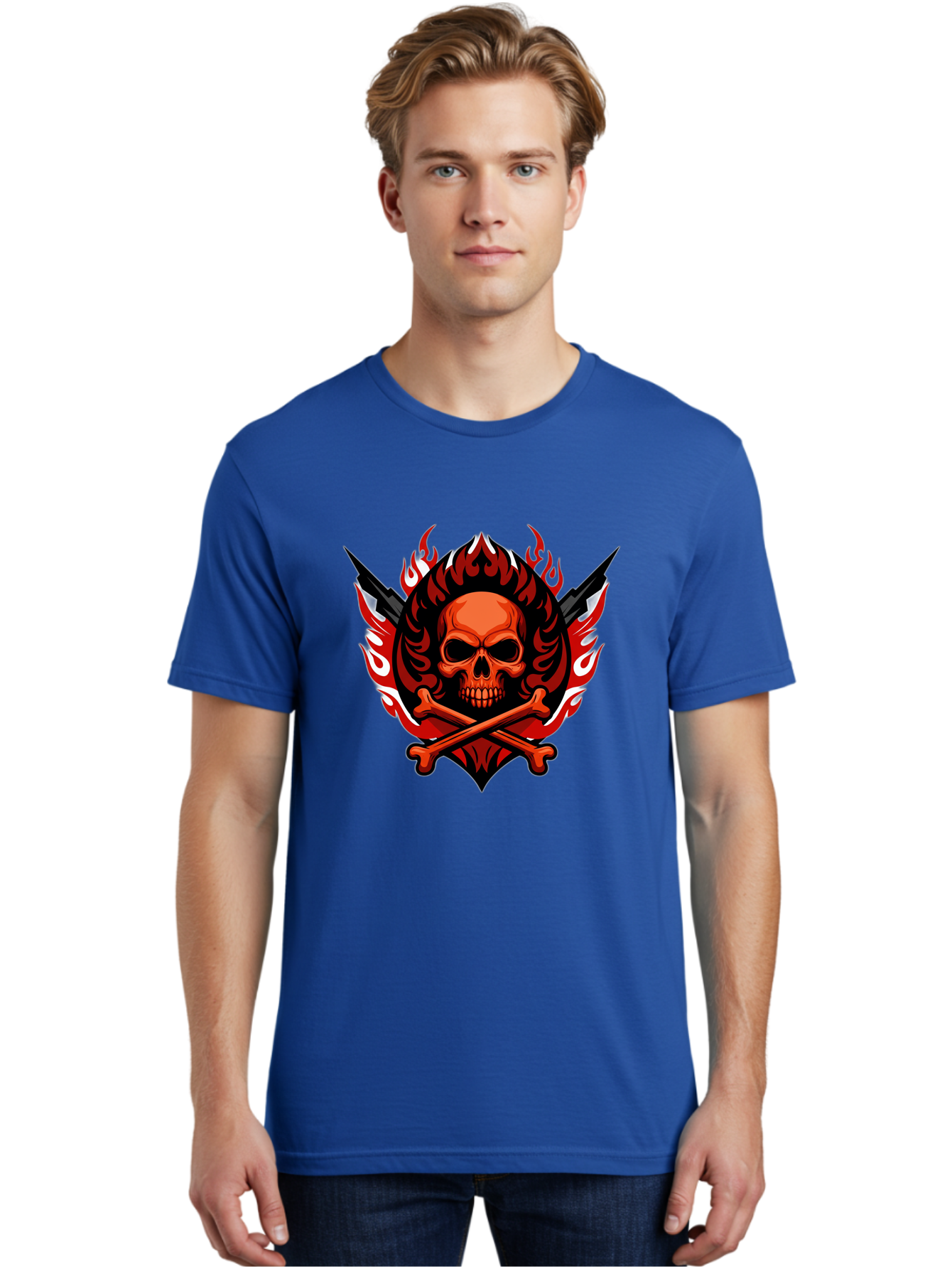Skull-And-Crossbones-Jolly-Roger Men'S Graphic Tee, 100% Cotton, Comfortable Casual Summer Wear, Machine Washable, Skull And Crossbones, Fiery Design, Daggers, Skull Art, Crossbones Symbol, Bold Graphics, Edgy Style, Gothic Elements Bae277
