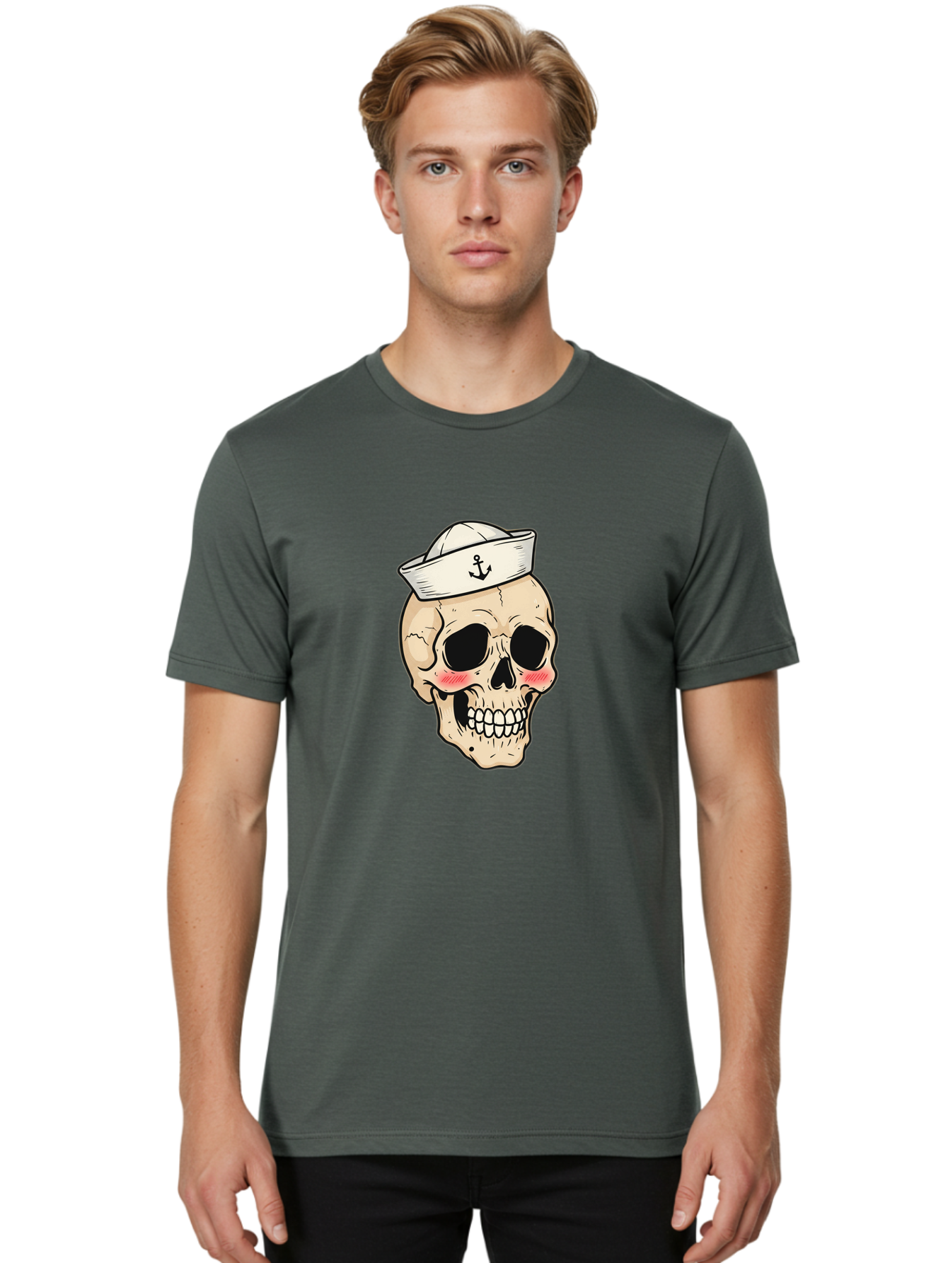 Skull-Sailor Men'S Graphic Tee, 100% Cotton, Comfortable Casual Summer Wear, Machine Washable, Skull Wearing Sailor Hat, Anchor Emblem, Cartoonish Grinning Skull, Nautical Theme, Kawaii Skull, Sailor Skull, Mermaid Skull, Skeleton Face, Bae278