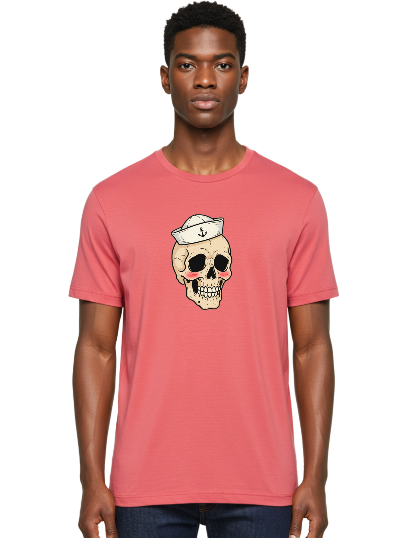Skull-Sailor Men'S Graphic Tee, 100% Cotton, Comfortable Casual Summer Wear, Machine Washable, Skull Wearing Sailor Hat, Anchor Emblem, Cartoonish Grinning Skull, Nautical Theme, Kawaii Skull, Sailor Skull, Mermaid Skull, Skeleton Face, Bae278