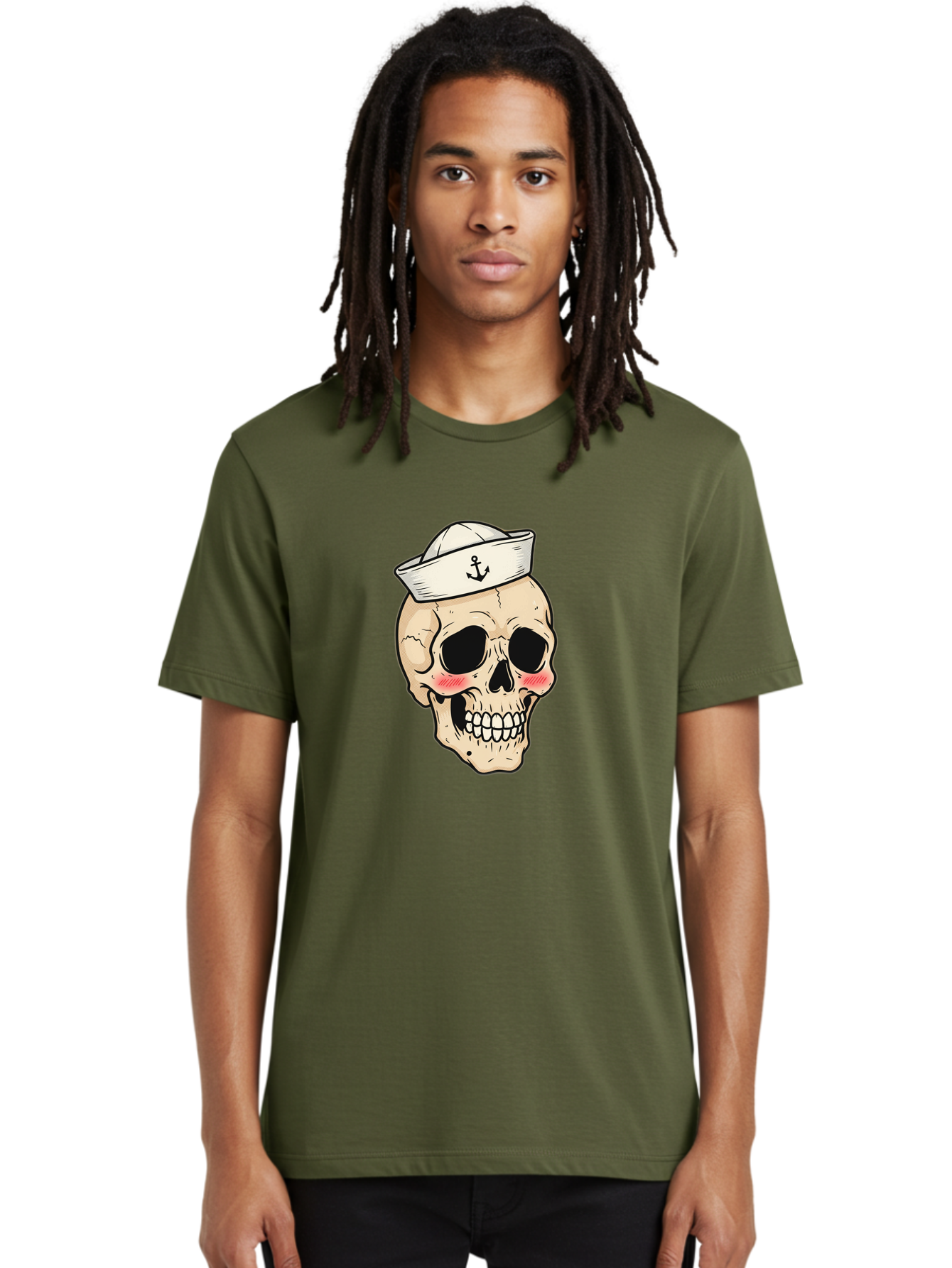 Skull-Sailor Men'S Graphic Tee, 100% Cotton, Comfortable Casual Summer Wear, Machine Washable, Skull Wearing Sailor Hat, Anchor Emblem, Cartoonish Grinning Skull, Nautical Theme, Kawaii Skull, Sailor Skull, Mermaid Skull, Skeleton Face, Bae278