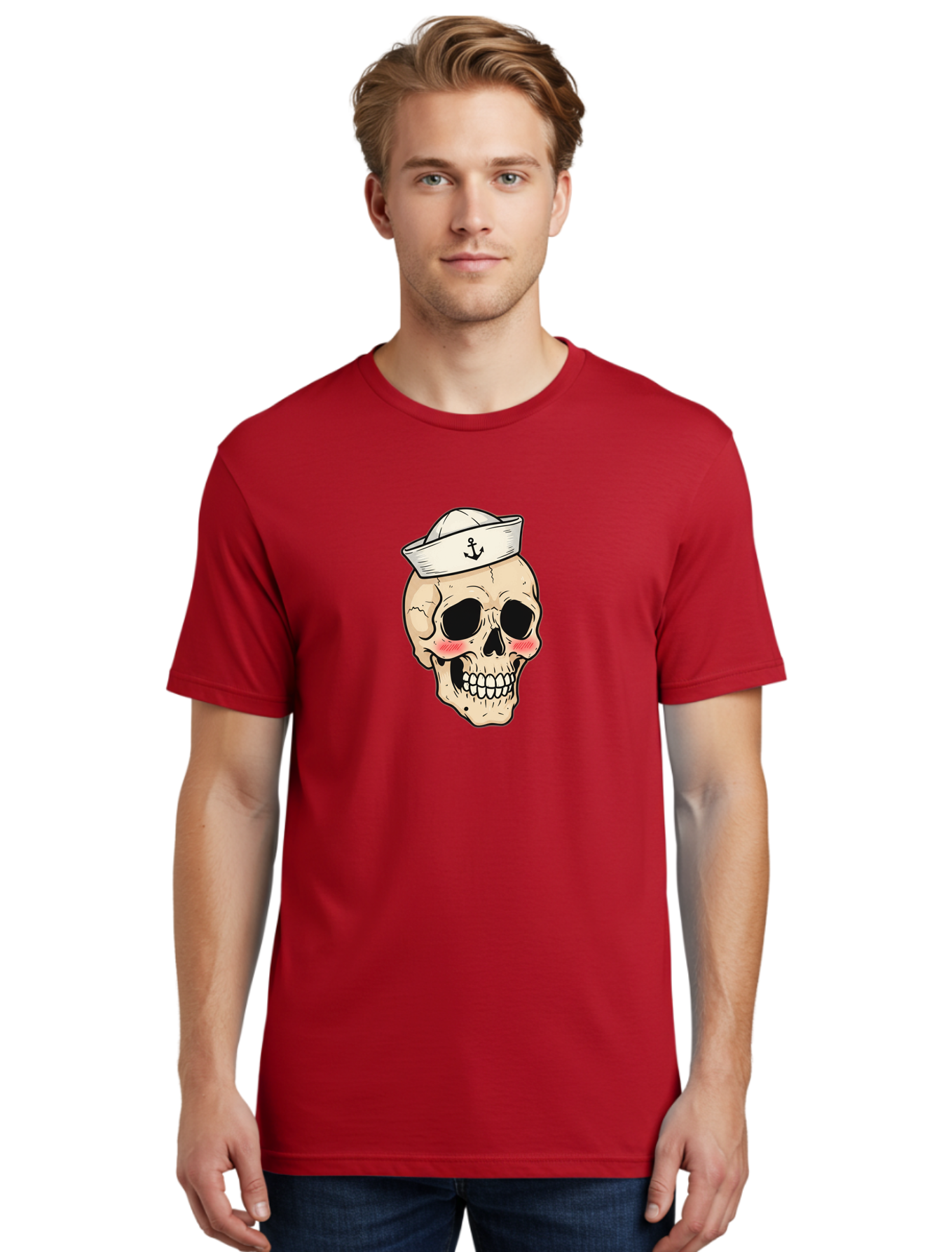 Skull-Sailor Men'S Graphic Tee, 100% Cotton, Comfortable Casual Summer Wear, Machine Washable, Skull Wearing Sailor Hat, Anchor Emblem, Cartoonish Grinning Skull, Nautical Theme, Kawaii Skull, Sailor Skull, Mermaid Skull, Skeleton Face, Bae278