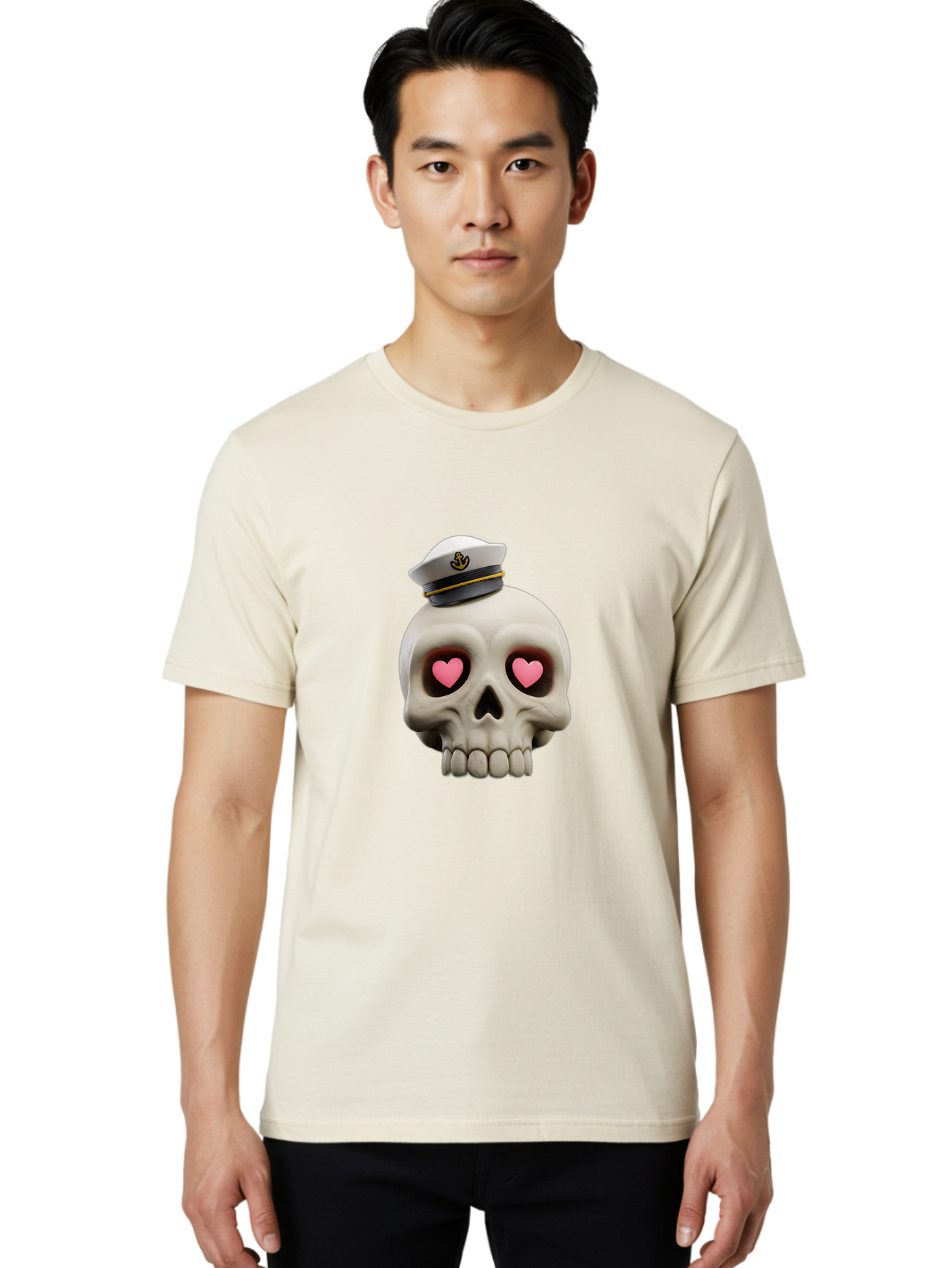 Skull-With-Captain-Hat Men'S Graphic Tee, 100% Cotton, Comfortable Casual Summer Wear, Machine Washable, Skull With Captain Hat, Heart Eyes, Nautical Theme, Halloween, Sugar Skull, Love, Pirate, Skull Art, Gothic, Skull Design Bae279