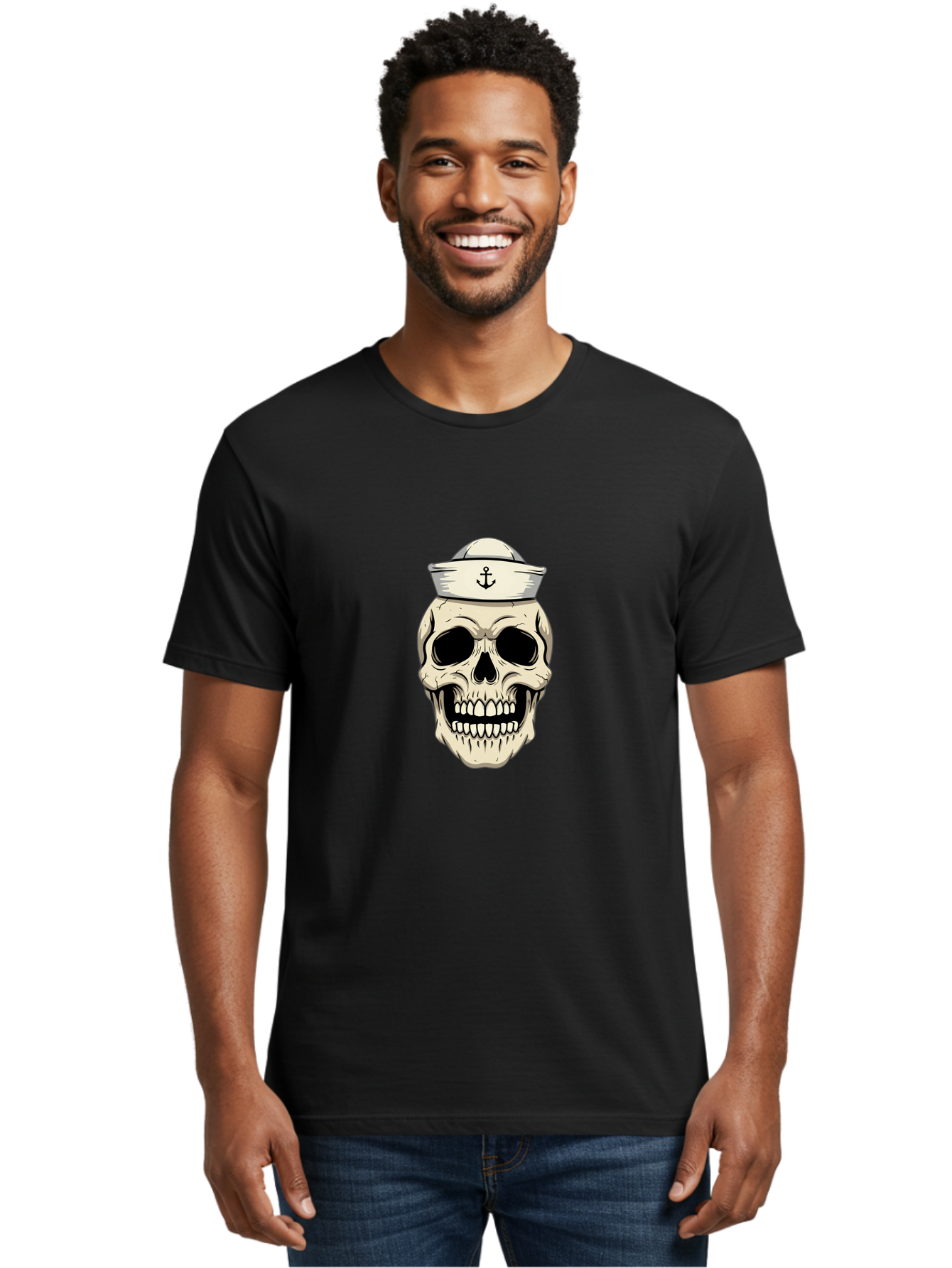 Skull-With-Sailor-Hat-1 Men'S Graphic Tee, 100% Cotton, Comfortable Casual Summer Wear, Machine Washable, Sailor Skull, Anchor Hat, Skull Art, Nautical Theme, Vintage Illustration, Pirate Symbol, Gothic Style, Sailor Hat, Anchor Emblem, Bae280