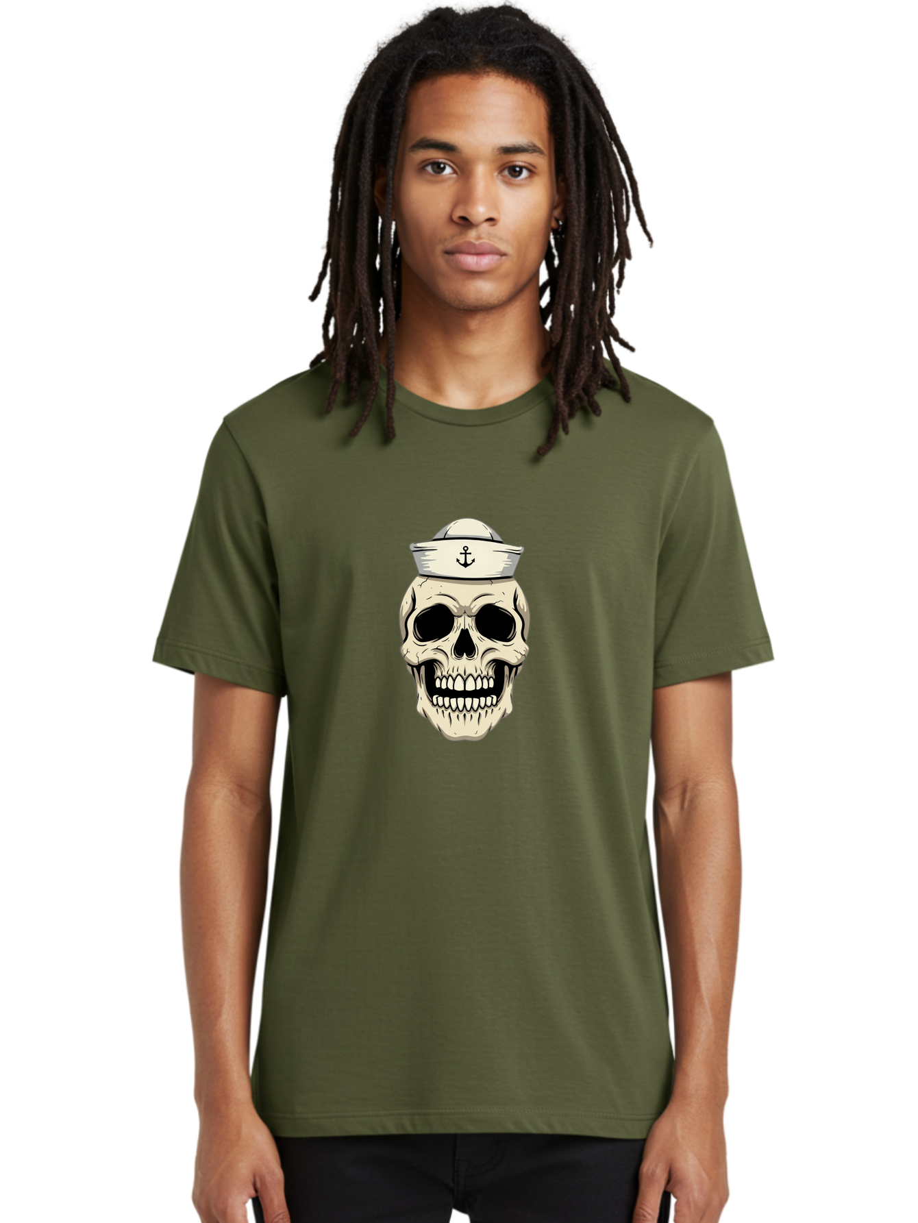 Skull-With-Sailor-Hat-1 Men'S Graphic Tee, 100% Cotton, Comfortable Casual Summer Wear, Machine Washable, Sailor Skull, Anchor Hat, Skull Art, Nautical Theme, Vintage Illustration, Pirate Symbol, Gothic Style, Sailor Hat, Anchor Emblem, Bae280