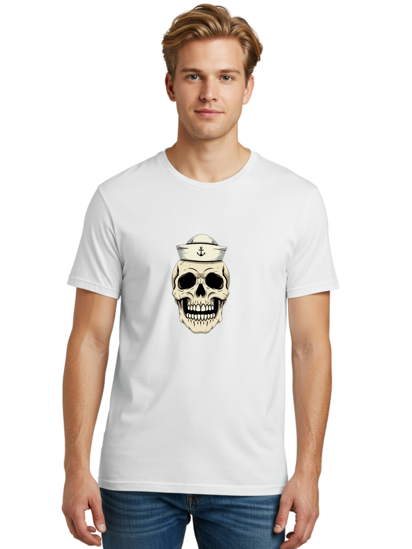 Skull-With-Sailor-Hat-1 Men'S Graphic Tee, 100% Cotton, Comfortable Casual Summer Wear, Machine Washable, Sailor Skull, Anchor Hat, Skull Art, Nautical Theme, Vintage Illustration, Pirate Symbol, Gothic Style, Sailor Hat, Anchor Emblem, Bae280