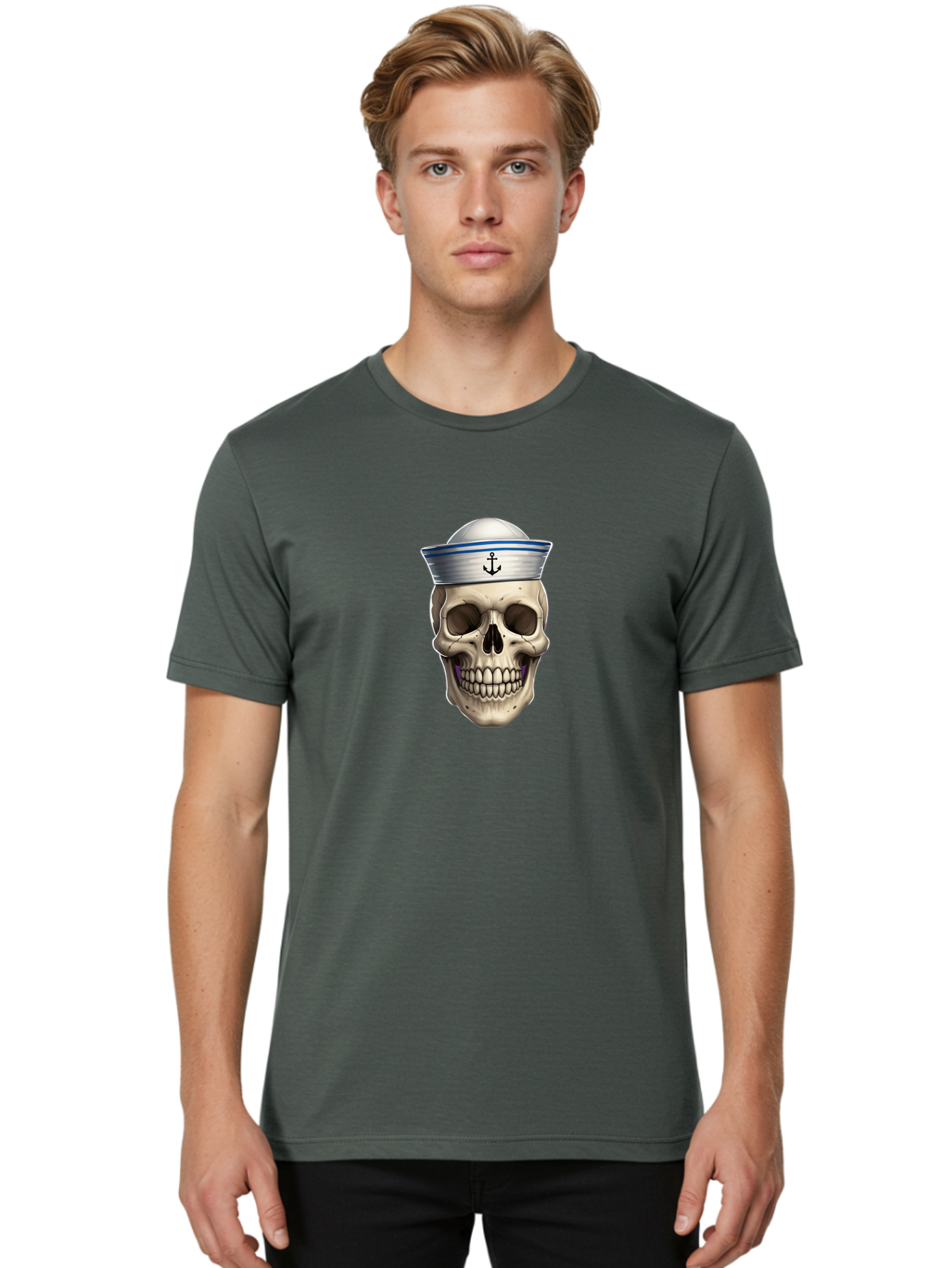 Skull-With-Sailor-Hat Men'S Graphic Tee, 100% Cotton, Comfortable Casual Summer Wear, Machine Washable, Sailor Skull, Human Skull, Sailor Hat, Anchor Symbol, Gothic Style, Grunge Aesthetic, Edgy Design, Bold Illustration Bae281