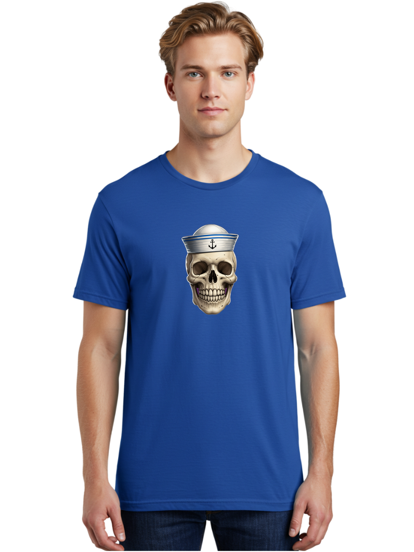 Skull-With-Sailor-Hat Men'S Graphic Tee, 100% Cotton, Comfortable Casual Summer Wear, Machine Washable, Sailor Skull, Human Skull, Sailor Hat, Anchor Symbol, Gothic Style, Grunge Aesthetic, Edgy Design, Bold Illustration Bae281