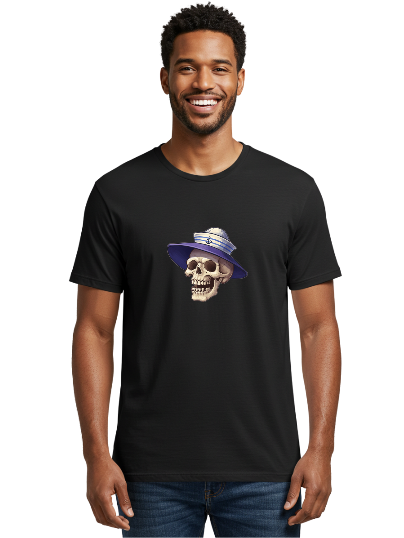 Skull-With-Sun-Hat Men'S Graphic Tee, 100% Cotton, Comfortable Casual Summer Wear, Machine Washable, Skull Wearing Sailor Hat, Anchor Emblem, Nautical Theme, Cartoon Style, Human Skull, Sailor Hat With Blue Stripes Bae282