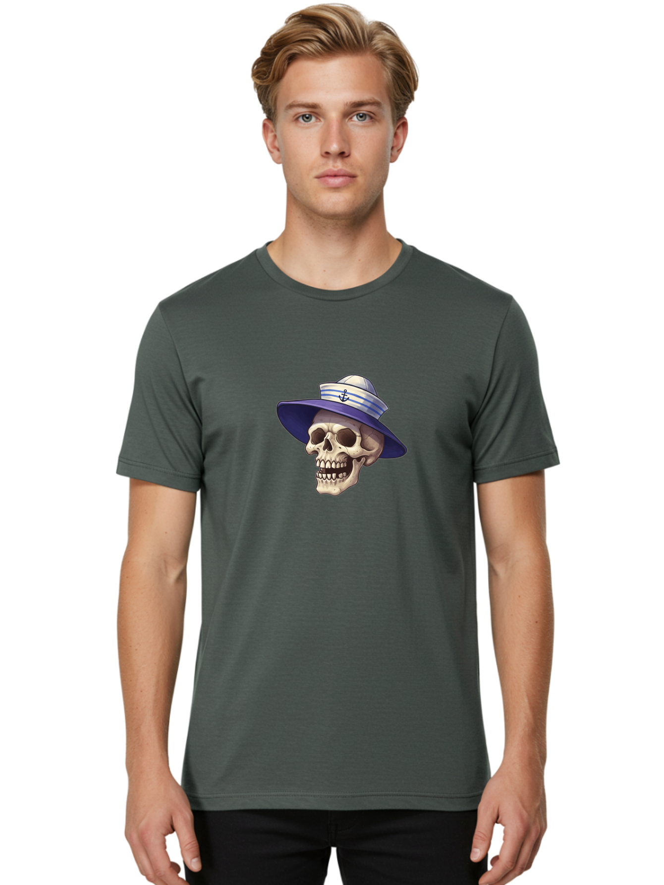 Skull-With-Sun-Hat Men'S Graphic Tee, 100% Cotton, Comfortable Casual Summer Wear, Machine Washable, Skull Wearing Sailor Hat, Anchor Emblem, Nautical Theme, Cartoon Style, Human Skull, Sailor Hat With Blue Stripes Bae282