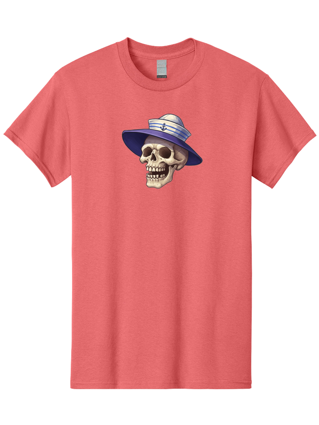 Skull-With-Sun-Hat Men'S Graphic Tee, 100% Cotton, Comfortable Casual Summer Wear, Machine Washable, Skull Wearing Sailor Hat, Anchor Emblem, Nautical Theme, Cartoon Style, Human Skull, Sailor Hat With Blue Stripes Bae282