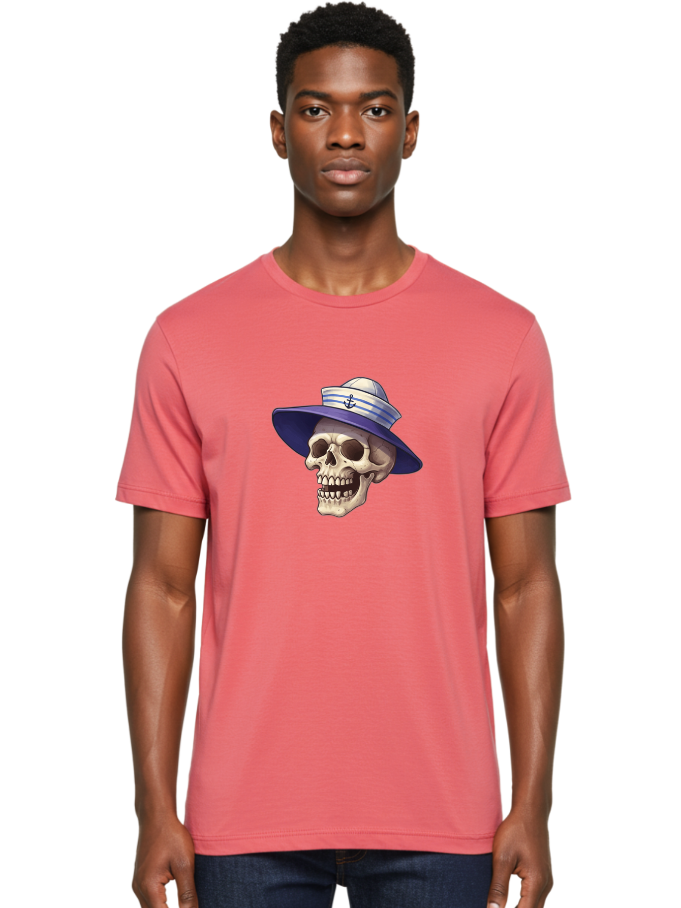Skull-With-Sun-Hat Men'S Graphic Tee, 100% Cotton, Comfortable Casual Summer Wear, Machine Washable, Skull Wearing Sailor Hat, Anchor Emblem, Nautical Theme, Cartoon Style, Human Skull, Sailor Hat With Blue Stripes Bae282