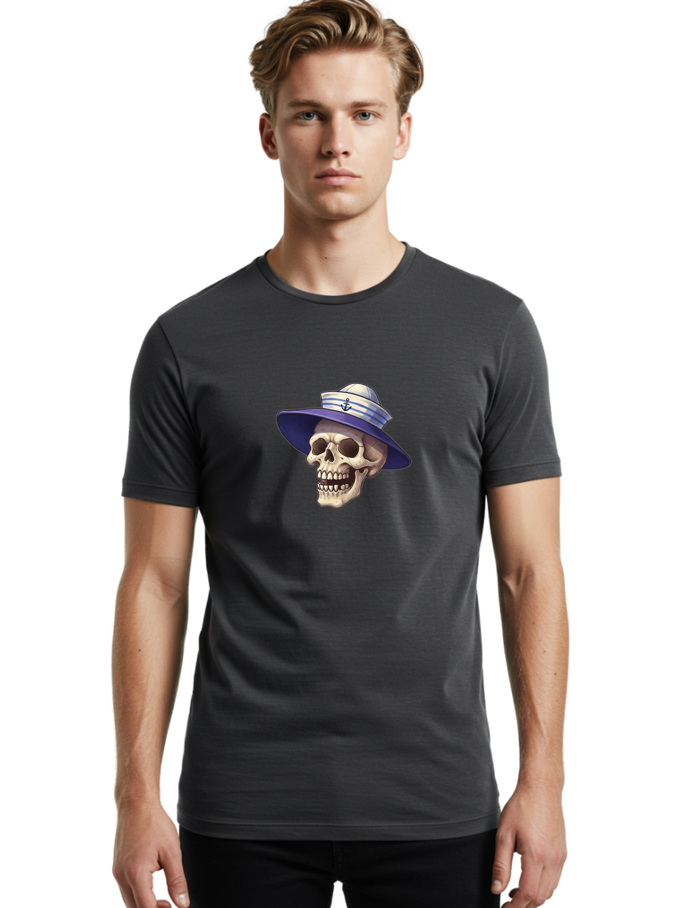 Skull-With-Sun-Hat Men'S Graphic Tee, 100% Cotton, Comfortable Casual Summer Wear, Machine Washable, Skull Wearing Sailor Hat, Anchor Emblem, Nautical Theme, Cartoon Style, Human Skull, Sailor Hat With Blue Stripes Bae282