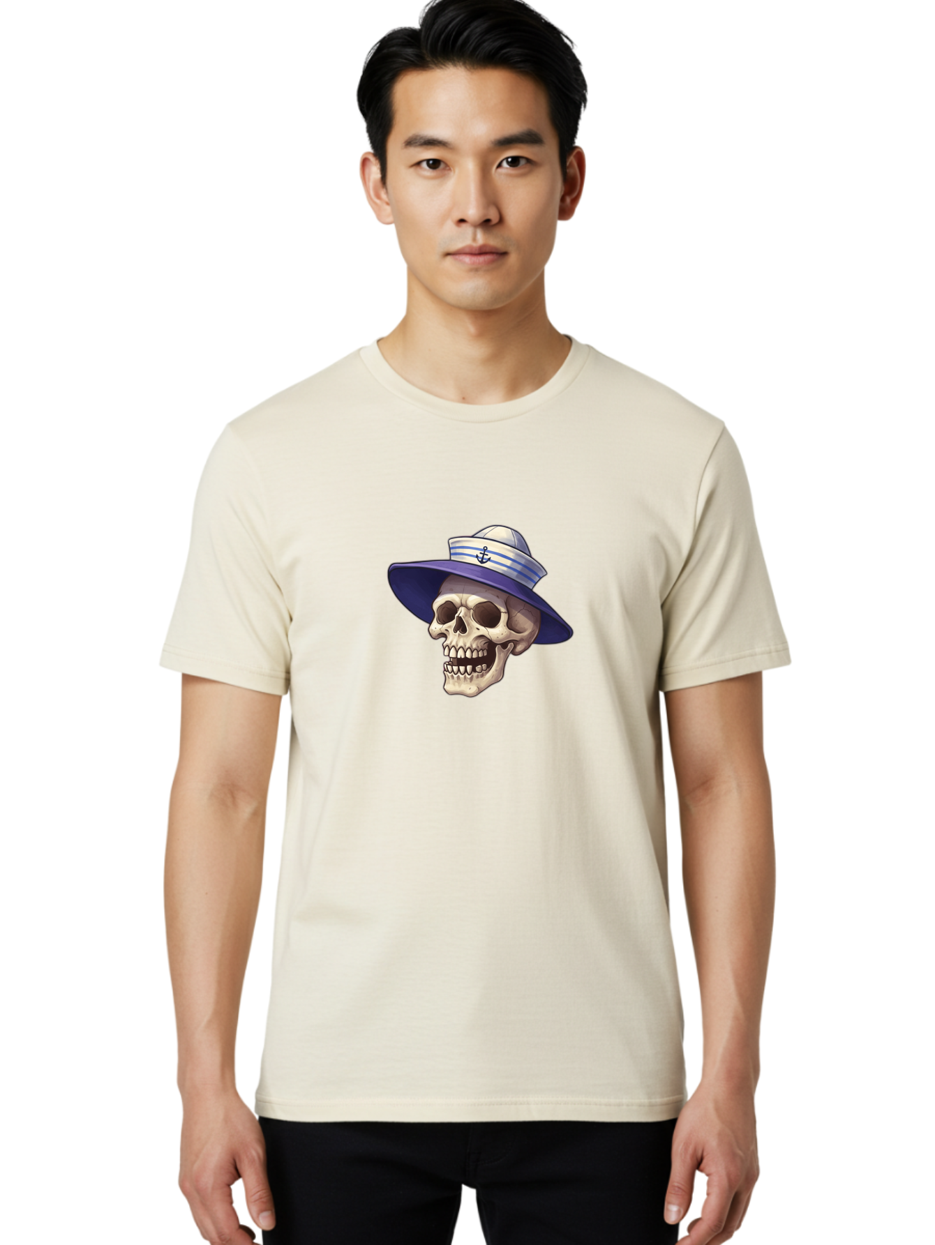 Skull-With-Sun-Hat Men'S Graphic Tee, 100% Cotton, Comfortable Casual Summer Wear, Machine Washable, Skull Wearing Sailor Hat, Anchor Emblem, Nautical Theme, Cartoon Style, Human Skull, Sailor Hat With Blue Stripes Bae282