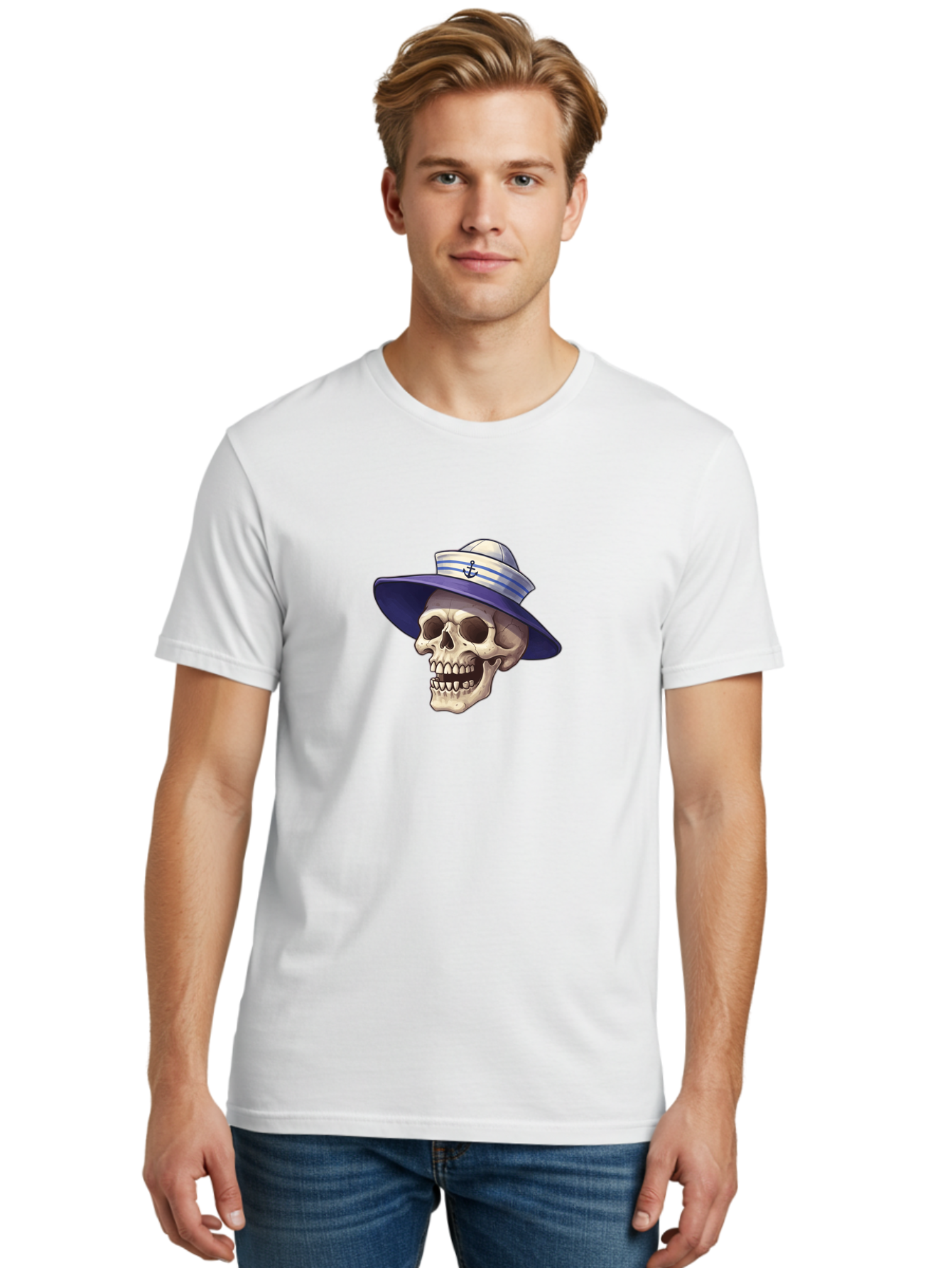Skull-With-Sun-Hat Men'S Graphic Tee, 100% Cotton, Comfortable Casual Summer Wear, Machine Washable, Skull Wearing Sailor Hat, Anchor Emblem, Nautical Theme, Cartoon Style, Human Skull, Sailor Hat With Blue Stripes Bae282
