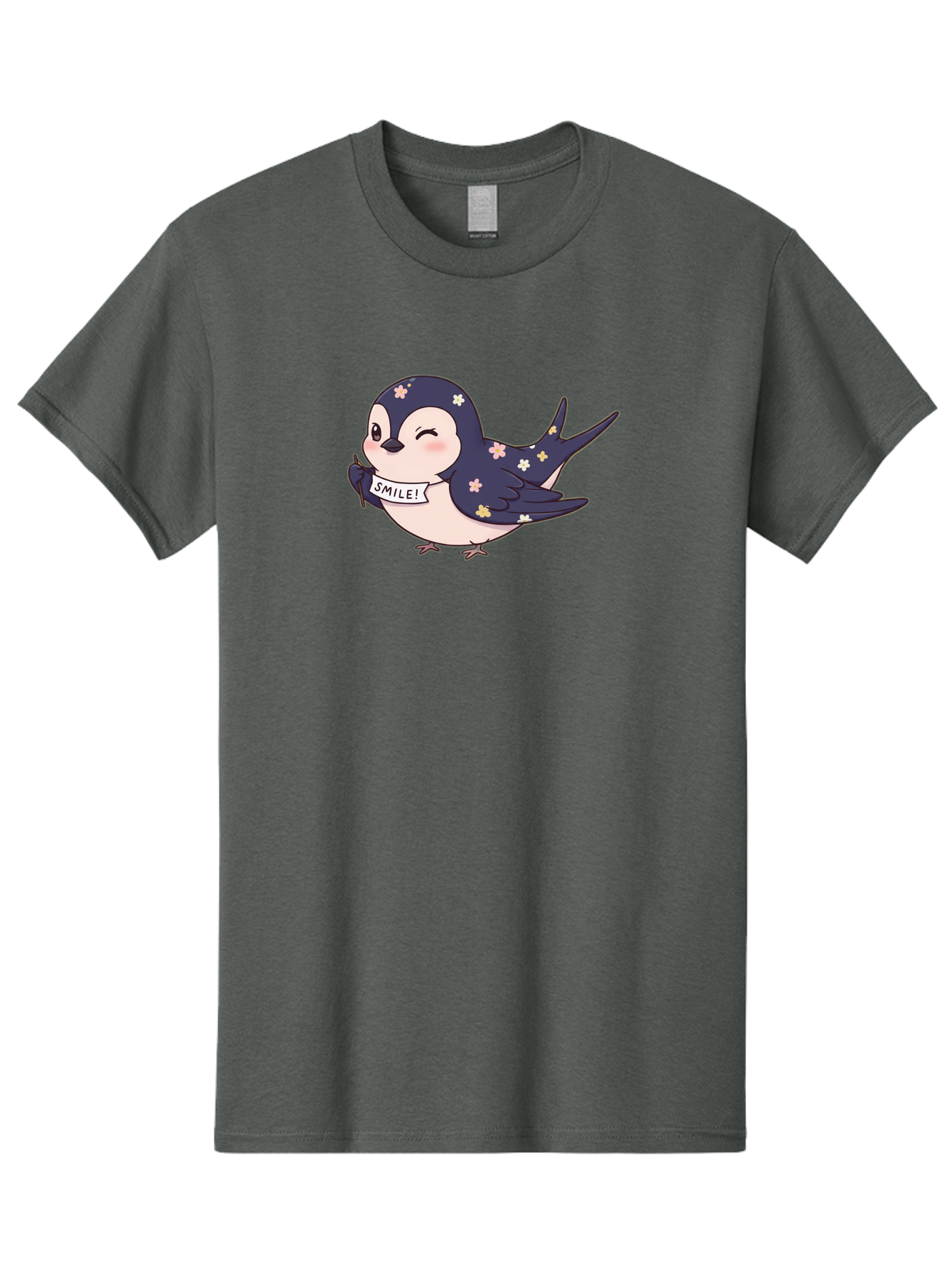 Smile-Bird Men'S Graphic Tee, 100% Cotton, Comfortable Casual Summer Wear, Machine Washable, Cute Cartoon Bird, Smiling Bird, Floral Pattern, Happy Vibes, Positivity, Cartoon Character, Kawaii Art, Adorable Illustration, Cheerful Design, Bae283