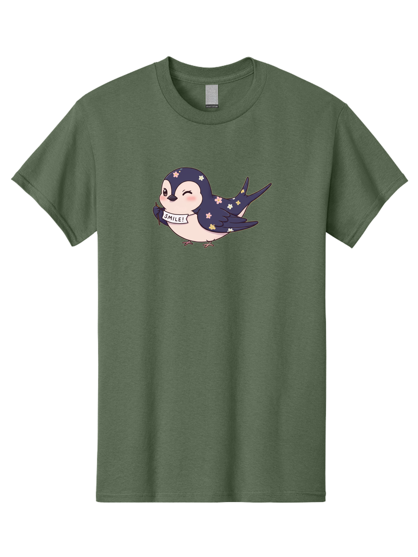Smile-Bird Men'S Graphic Tee, 100% Cotton, Comfortable Casual Summer Wear, Machine Washable, Cute Cartoon Bird, Smiling Bird, Floral Pattern, Happy Vibes, Positivity, Cartoon Character, Kawaii Art, Adorable Illustration, Cheerful Design, Bae283