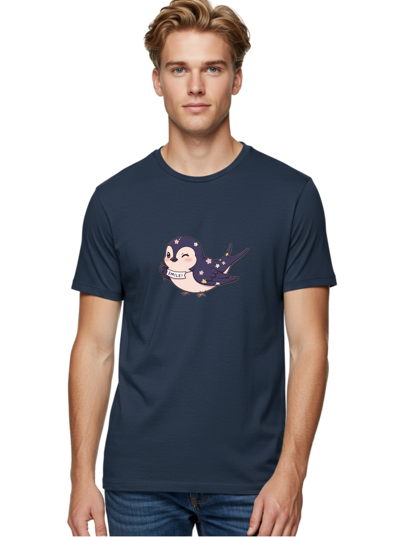 Smile-Bird Men'S Graphic Tee, 100% Cotton, Comfortable Casual Summer Wear, Machine Washable, Cute Cartoon Bird, Smiling Bird, Floral Pattern, Happy Vibes, Positivity, Cartoon Character, Kawaii Art, Adorable Illustration, Cheerful Design, Bae283