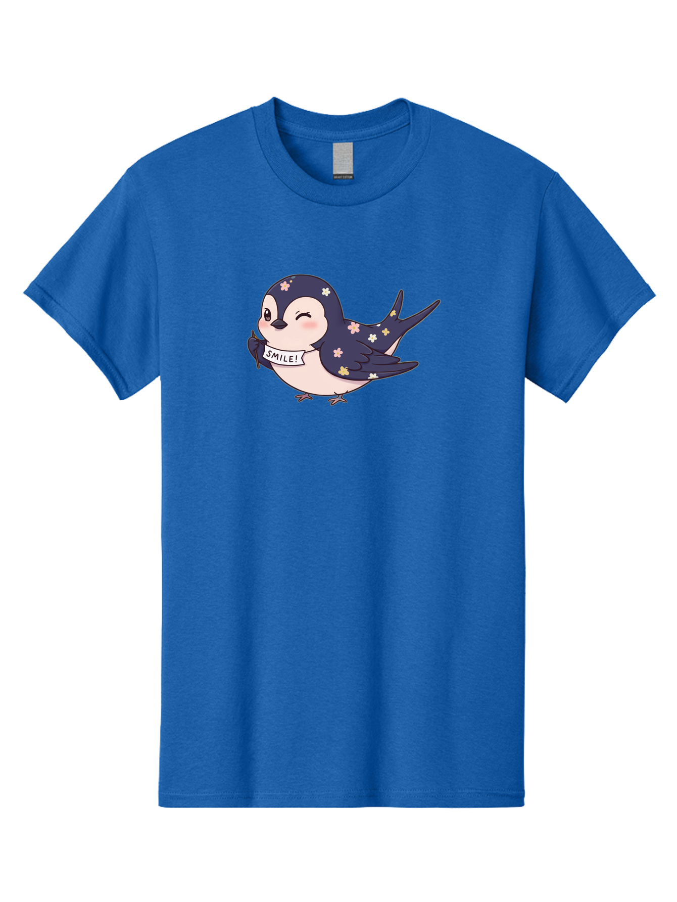 Smile-Bird Men'S Graphic Tee, 100% Cotton, Comfortable Casual Summer Wear, Machine Washable, Cute Cartoon Bird, Smiling Bird, Floral Pattern, Happy Vibes, Positivity, Cartoon Character, Kawaii Art, Adorable Illustration, Cheerful Design, Bae283