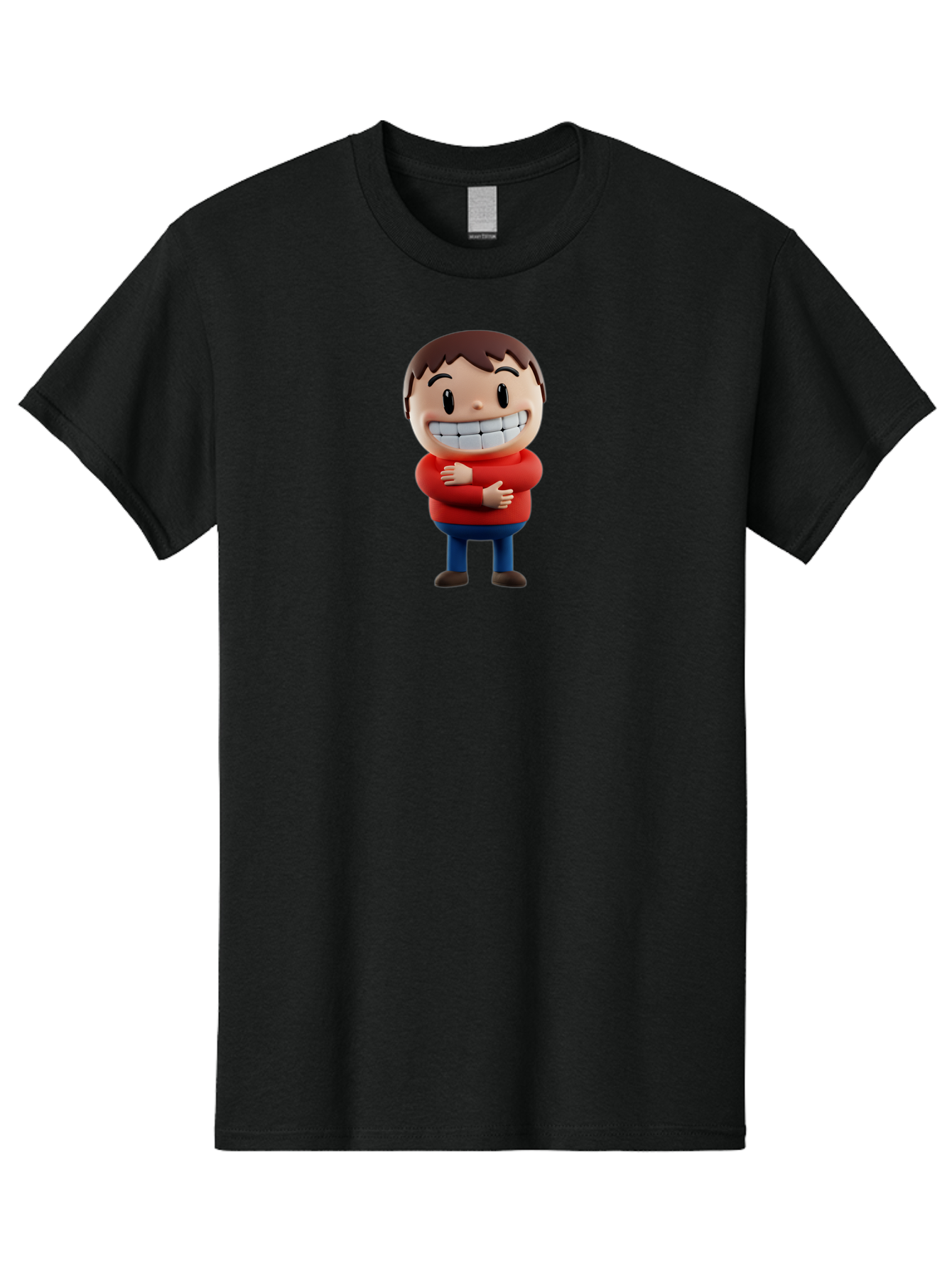 Smiling-Cartoon-Boy Men'S Graphic Tee, 100% Cotton, Comfortable Casual Summer Wear, Machine Washable, Happy Cartoon Character, Smiling Boy, Red Shirt, Blue Jeans, Brown Shoes, Charming Personality, Friendly Gesture, 3D Illustration, Bae285
