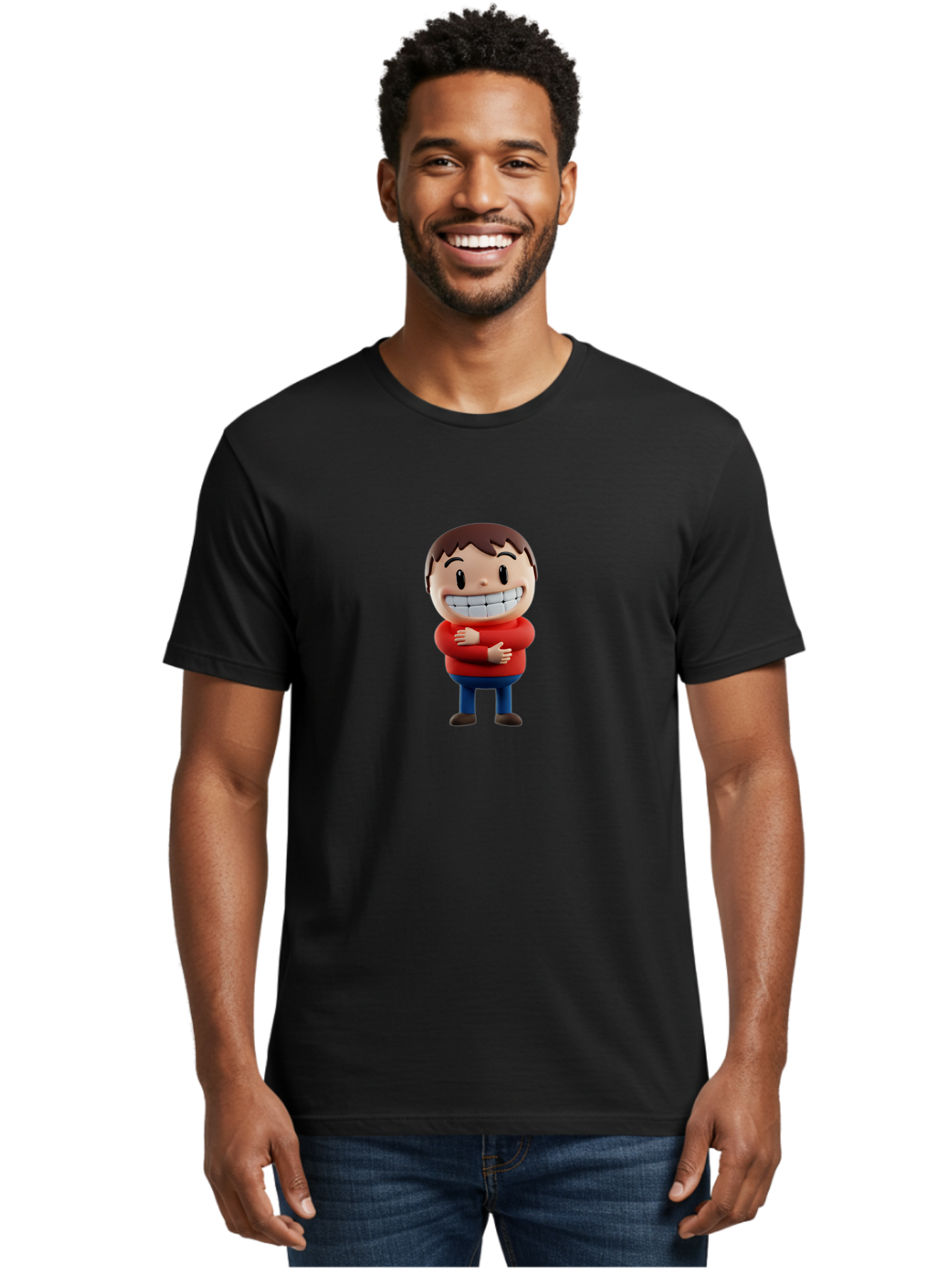 Smiling-Cartoon-Boy Men'S Graphic Tee, 100% Cotton, Comfortable Casual Summer Wear, Machine Washable, Happy Cartoon Character, Smiling Boy, Red Shirt, Blue Jeans, Brown Shoes, Charming Personality, Friendly Gesture, 3D Illustration, Bae285