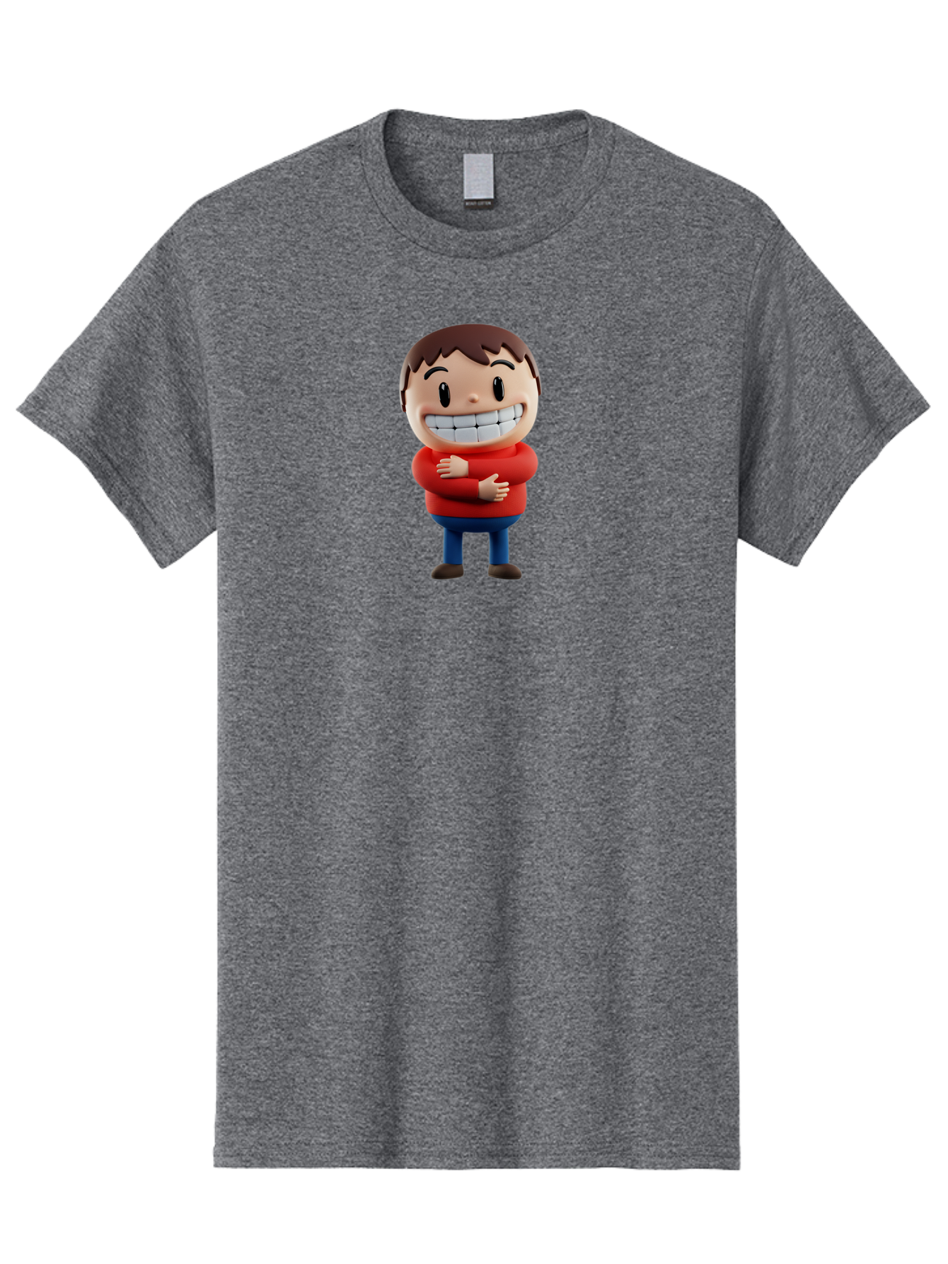 Smiling-Cartoon-Boy Men'S Graphic Tee, 100% Cotton, Comfortable Casual Summer Wear, Machine Washable, Happy Cartoon Character, Smiling Boy, Red Shirt, Blue Jeans, Brown Shoes, Charming Personality, Friendly Gesture, 3D Illustration, Bae285