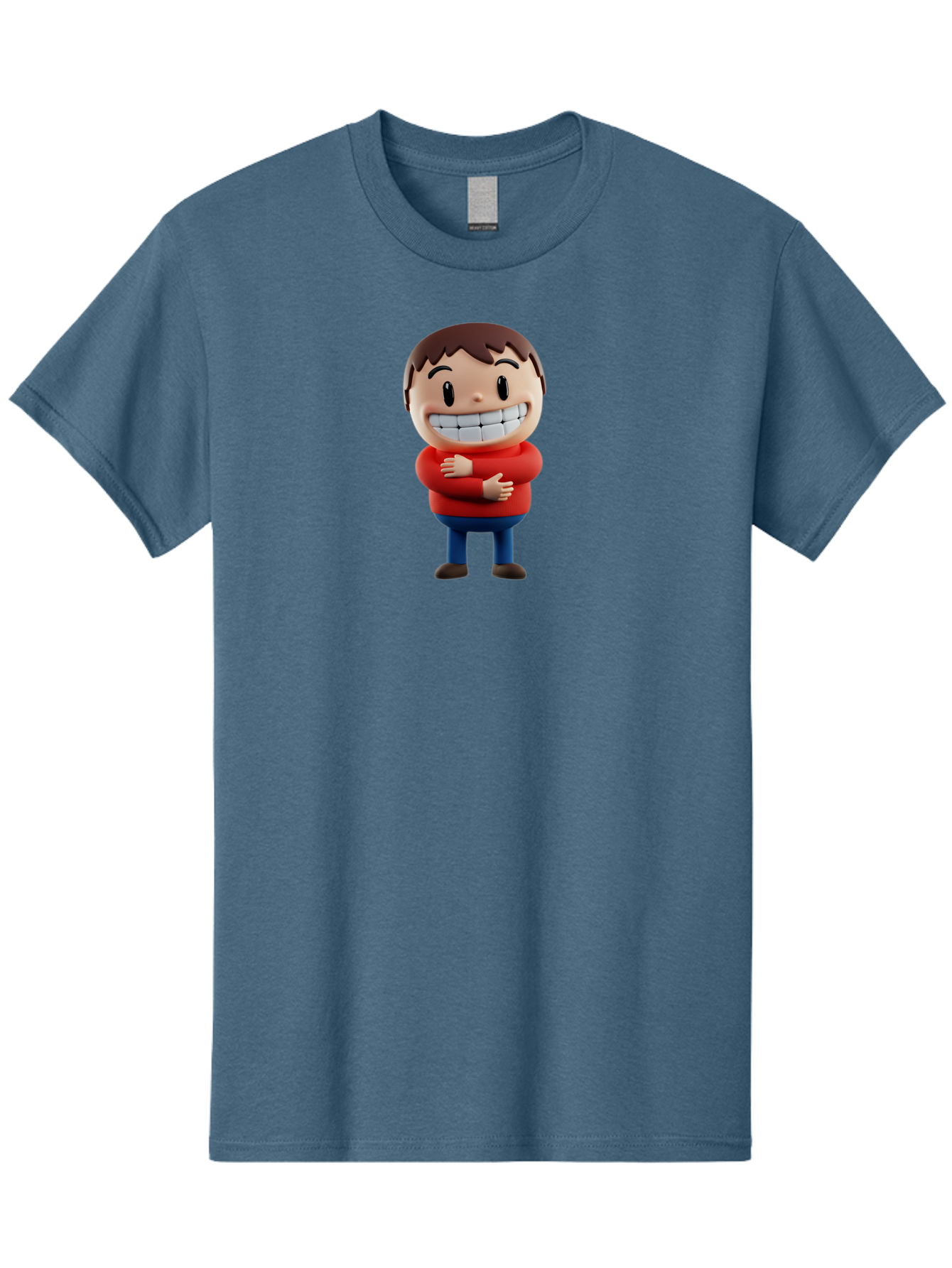 Smiling-Cartoon-Boy Men'S Graphic Tee, 100% Cotton, Comfortable Casual Summer Wear, Machine Washable, Happy Cartoon Character, Smiling Boy, Red Shirt, Blue Jeans, Brown Shoes, Charming Personality, Friendly Gesture, 3D Illustration, Bae285