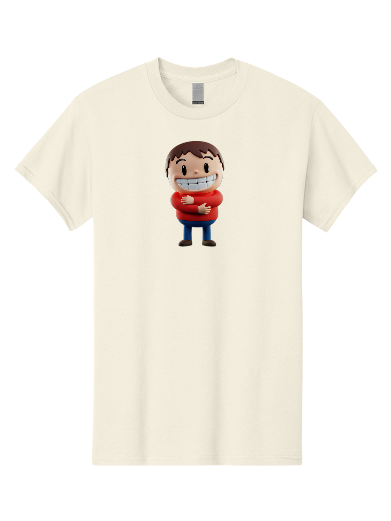 Smiling-Cartoon-Boy Men'S Graphic Tee, 100% Cotton, Comfortable Casual Summer Wear, Machine Washable, Happy Cartoon Character, Smiling Boy, Red Shirt, Blue Jeans, Brown Shoes, Charming Personality, Friendly Gesture, 3D Illustration, Bae285