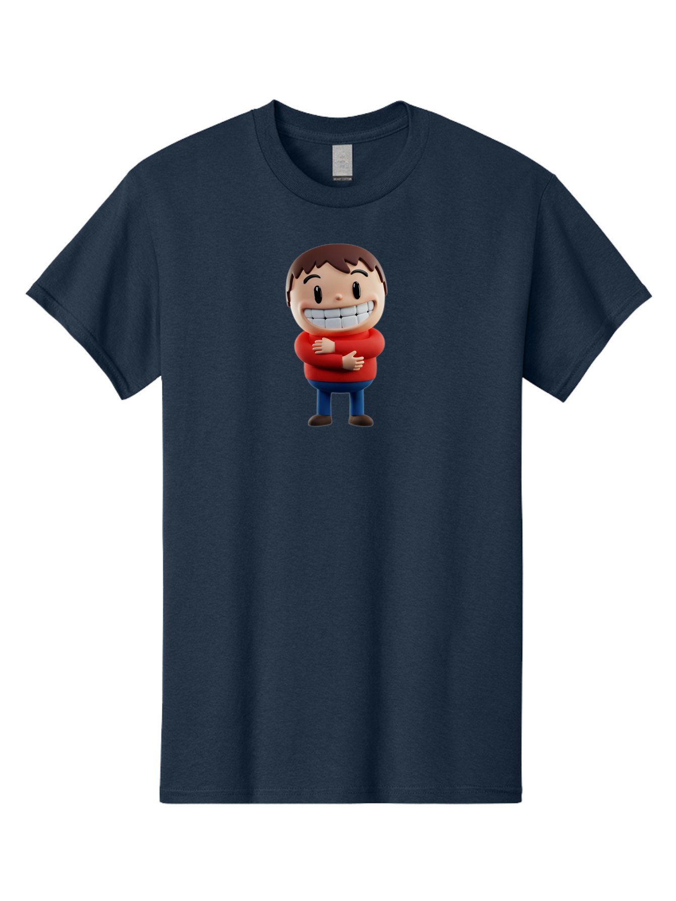 Smiling-Cartoon-Boy Men'S Graphic Tee, 100% Cotton, Comfortable Casual Summer Wear, Machine Washable, Happy Cartoon Character, Smiling Boy, Red Shirt, Blue Jeans, Brown Shoes, Charming Personality, Friendly Gesture, 3D Illustration, Bae285