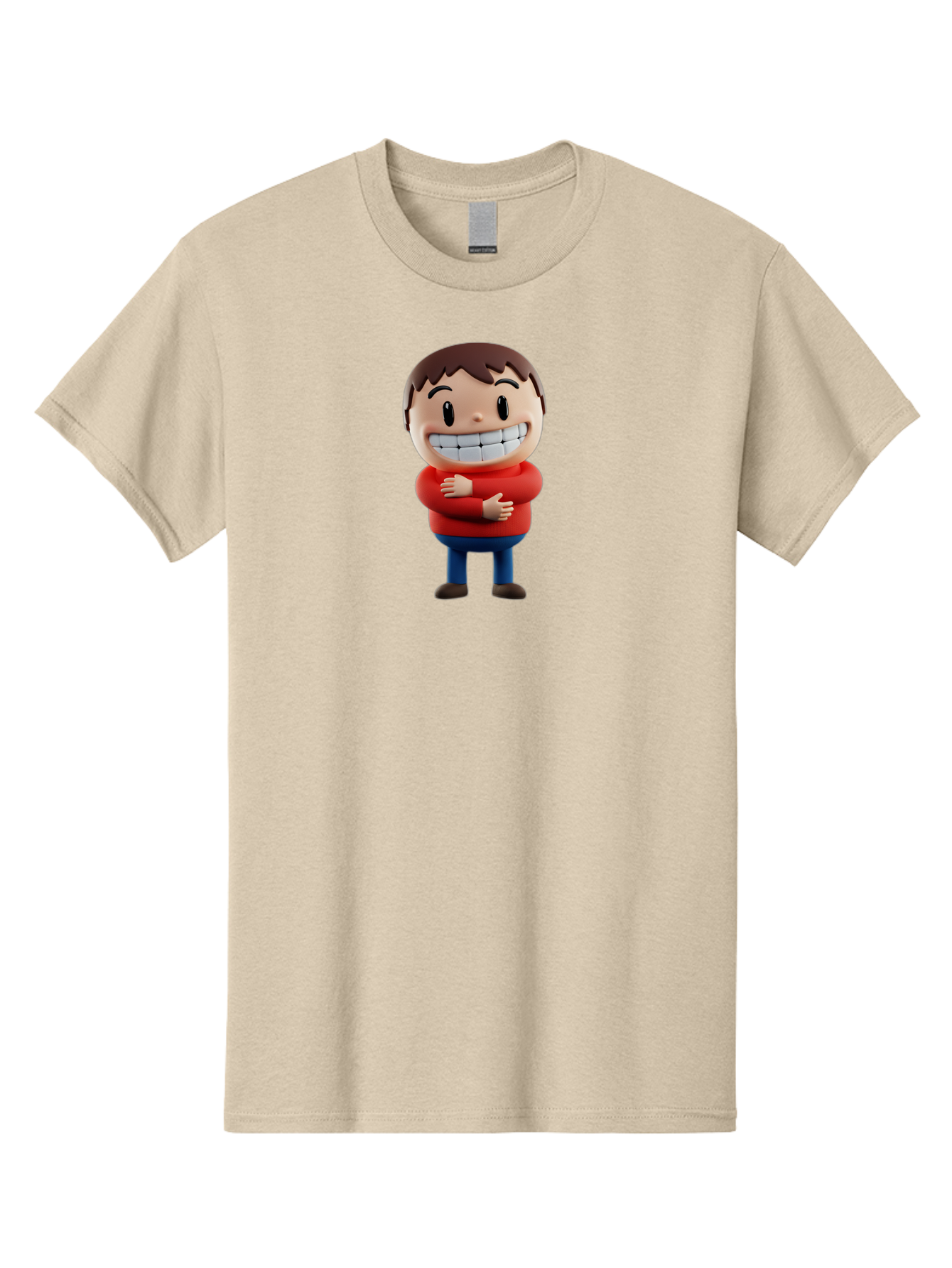 Smiling-Cartoon-Boy Men'S Graphic Tee, 100% Cotton, Comfortable Casual Summer Wear, Machine Washable, Happy Cartoon Character, Smiling Boy, Red Shirt, Blue Jeans, Brown Shoes, Charming Personality, Friendly Gesture, 3D Illustration, Bae285