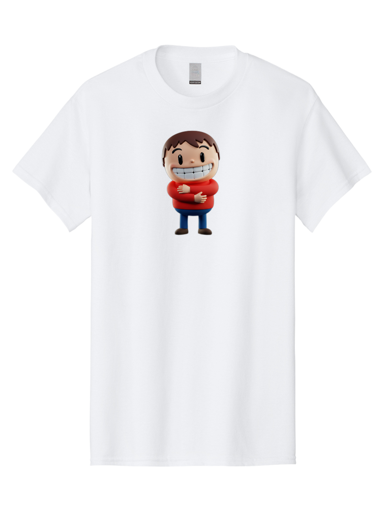 Smiling-Cartoon-Boy Men'S Graphic Tee, 100% Cotton, Comfortable Casual Summer Wear, Machine Washable, Happy Cartoon Character, Smiling Boy, Red Shirt, Blue Jeans, Brown Shoes, Charming Personality, Friendly Gesture, 3D Illustration, Bae285