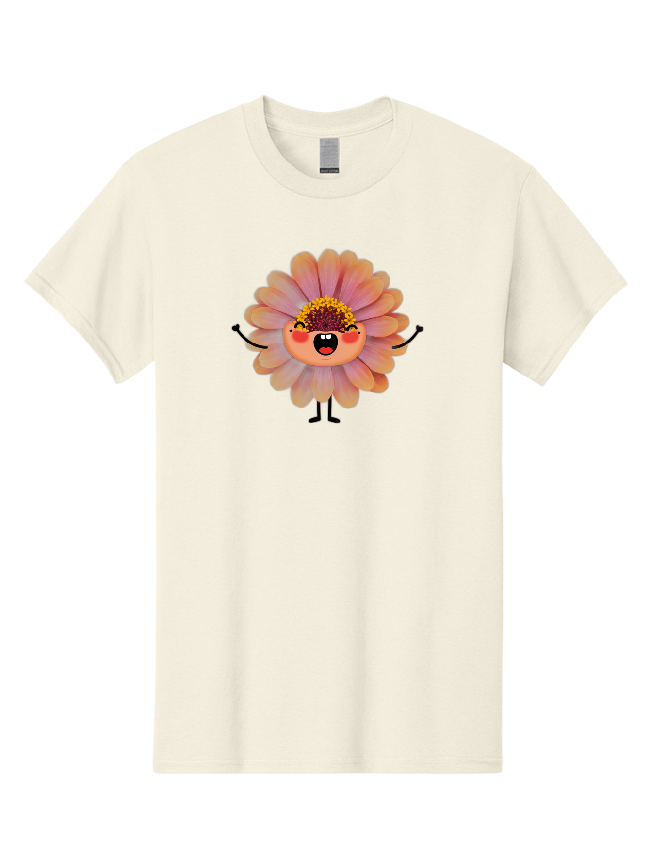 Smiling-Flower-Character Men'S Graphic Tee, 100% Cotton, Comfortable Casual Summer Wear, Machine Washable, Cartoon Flower, Anthropomorphic Flower, Smiling Face, Happy Expression, Colorful Petals, Pink And Green Hues, Whimsical Character, Bae286