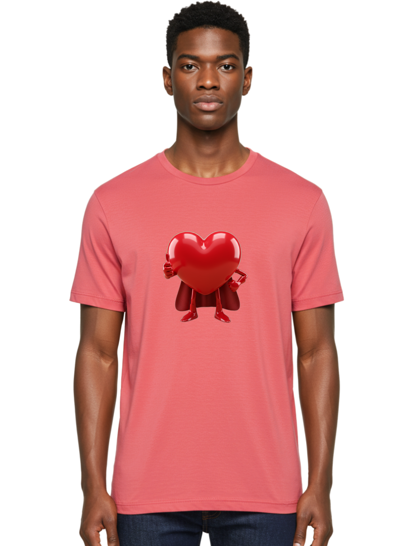 Super-Heart Men'S Graphic Tee, 100% Cotton, Comfortable Casual Summer Wear, Machine Washable, Heart Superhero, Red Heart Character, Thumbs Up Approval, Cape, Confidence, Positive Vibes, Cartoon Style, 3D Illustration, Love Symbol, Hero Pose Bae288