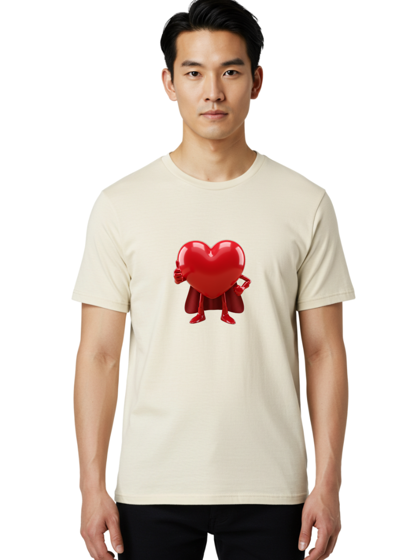 Super-Heart Men'S Graphic Tee, 100% Cotton, Comfortable Casual Summer Wear, Machine Washable, Heart Superhero, Red Heart Character, Thumbs Up Approval, Cape, Confidence, Positive Vibes, Cartoon Style, 3D Illustration, Love Symbol, Hero Pose Bae288
