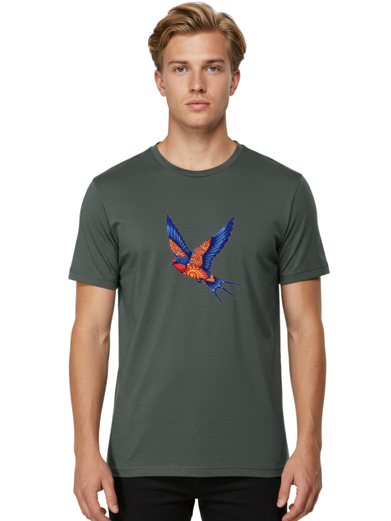 Swallow-2 Men'S Graphic Tee, 100% Cotton, Comfortable Casual Summer Wear, Machine Washable, Swallow Bird, Vibrant Bird Design, Red And Blue Bird, Ornate Patterns, Swirling Motifs, Bird In Flight, Colorful Artwork, Folk Art Style, Bae290