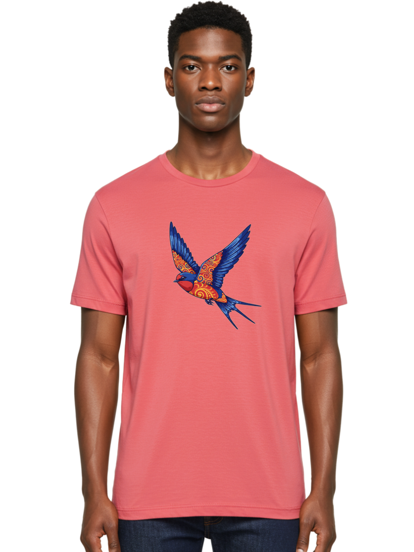 Swallow-2 Men'S Graphic Tee, 100% Cotton, Comfortable Casual Summer Wear, Machine Washable, Swallow Bird, Vibrant Bird Design, Red And Blue Bird, Ornate Patterns, Swirling Motifs, Bird In Flight, Colorful Artwork, Folk Art Style, Bae290