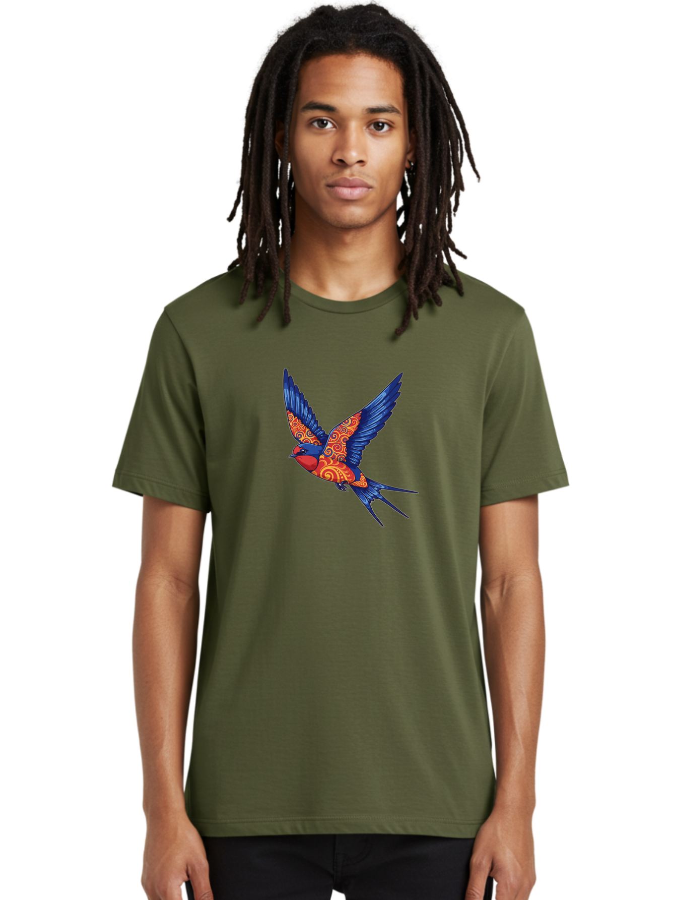 Swallow-2 Men'S Graphic Tee, 100% Cotton, Comfortable Casual Summer Wear, Machine Washable, Swallow Bird, Vibrant Bird Design, Red And Blue Bird, Ornate Patterns, Swirling Motifs, Bird In Flight, Colorful Artwork, Folk Art Style, Bae290