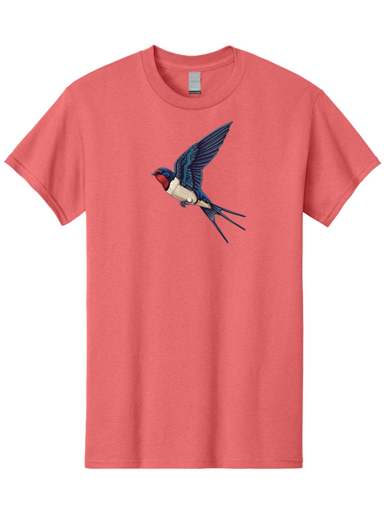Swallow-3 Men'S Graphic Tee, 100% Cotton, Comfortable Casual Summer Wear, Machine Washable, Barn Swallow In Flight, Blue And White Plumage, Red Face, Sleek Design, Futuristic Elements, Circuit Board Wings, Wildlife Art, Stylized Bird, Bae291