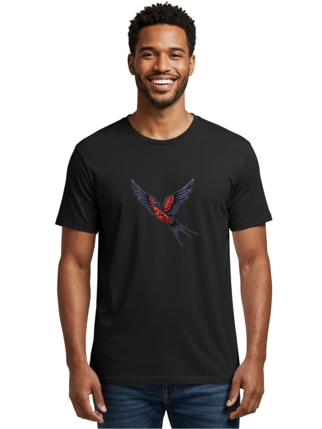 Swallow-In-Flight-1 Men'S Graphic Tee, 100% Cotton, Comfortable Casual Summer Wear, Machine Washable, Tribal Swallow Design, Bird In Flight, Red And Black Artwork, Tattoo Inspiration, Symbolic Bird, Winged Creature, Traditional Tattoo Art, Bae296