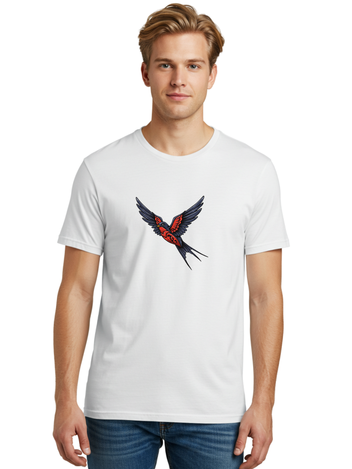 Swallow-In-Flight-1 Men'S Graphic Tee, 100% Cotton, Comfortable Casual Summer Wear, Machine Washable, Tribal Swallow Design, Bird In Flight, Red And Black Artwork, Tattoo Inspiration, Symbolic Bird, Winged Creature, Traditional Tattoo Art, Bae296