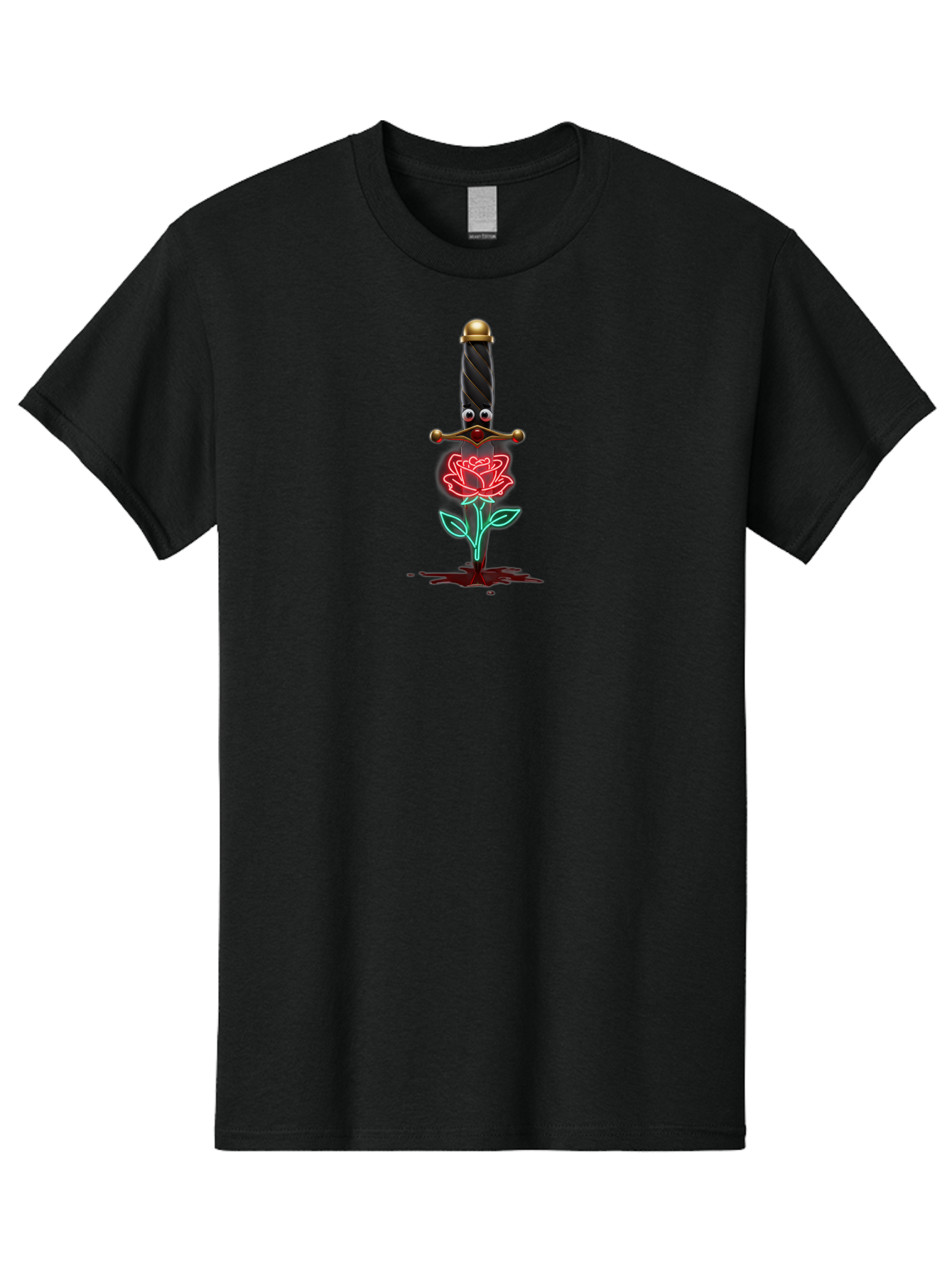 Sword-Stabbing-Rose Men'S Graphic Tee, 100% Cotton, Comfortable Casual Summer Wear, Machine Washable, Cartoon Sword, Stabbed Rose, Blood Splatter, Cartoon Eyes, Red Rose, Fantasy Art, Gothic Symbolism, Symbolic Imagery, Dark Romance Bae300