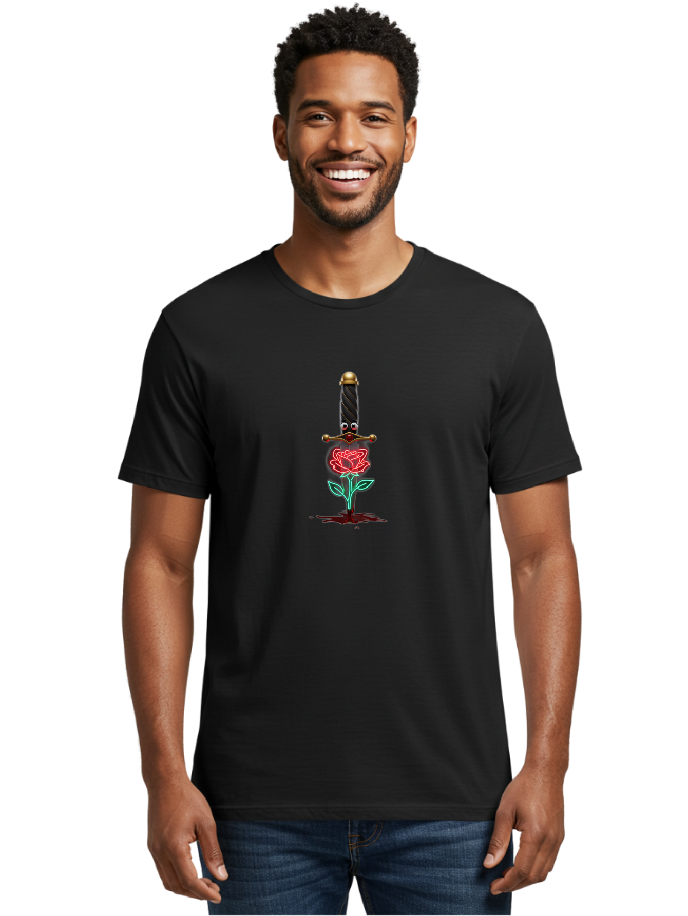 Sword-Stabbing-Rose Men'S Graphic Tee, 100% Cotton, Comfortable Casual Summer Wear, Machine Washable, Cartoon Sword, Stabbed Rose, Blood Splatter, Cartoon Eyes, Red Rose, Fantasy Art, Gothic Symbolism, Symbolic Imagery, Dark Romance Bae300