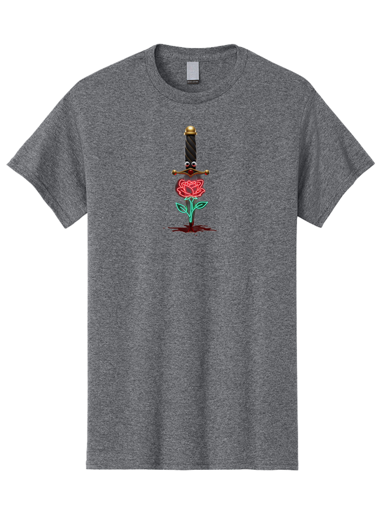 Sword-Stabbing-Rose Men'S Graphic Tee, 100% Cotton, Comfortable Casual Summer Wear, Machine Washable, Cartoon Sword, Stabbed Rose, Blood Splatter, Cartoon Eyes, Red Rose, Fantasy Art, Gothic Symbolism, Symbolic Imagery, Dark Romance Bae300