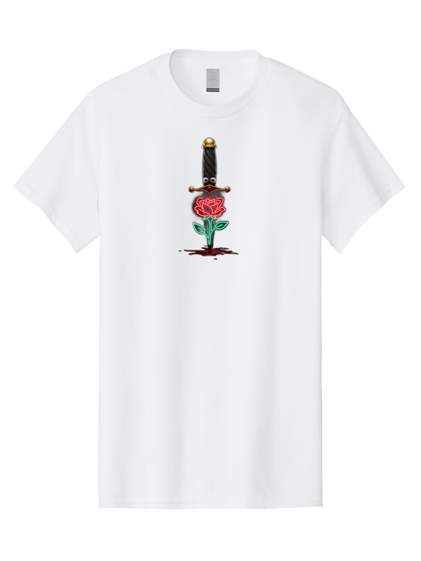Sword-Stabbing-Rose Men'S Graphic Tee, 100% Cotton, Comfortable Casual Summer Wear, Machine Washable, Cartoon Sword, Stabbed Rose, Blood Splatter, Cartoon Eyes, Red Rose, Fantasy Art, Gothic Symbolism, Symbolic Imagery, Dark Romance Bae300