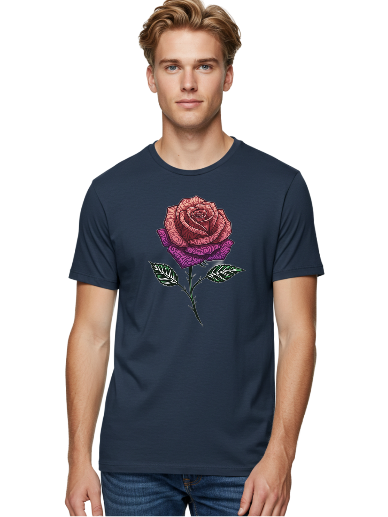 Tattoo-Rose Men'S Graphic Tee, 100% Cotton, Comfortable Casual Summer Wear, Machine Washable, Henna Art Rose, Beautiful Flower, Intricate Designs, Floral Pattern, Decorative Rose, Tattoo Style Bae301