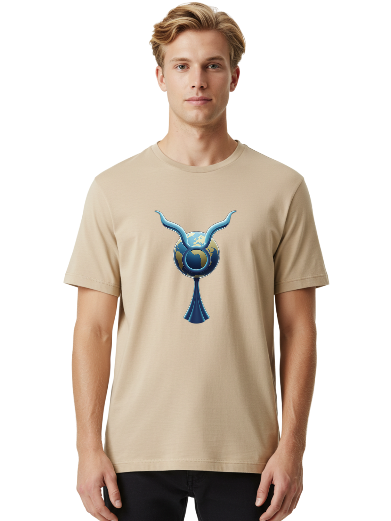 Taurus-1 Men'S Graphic Tee, 100% Cotton, Comfortable Casual Summer Wear, Machine Washable, Taurus Zodiac Sign, Astrological Symbol, Earthy Tone, Blue And Gold Globe, Flowing Design, Abstract Art, Horoscope, Horoscope Symbol, Astrology, Bae302